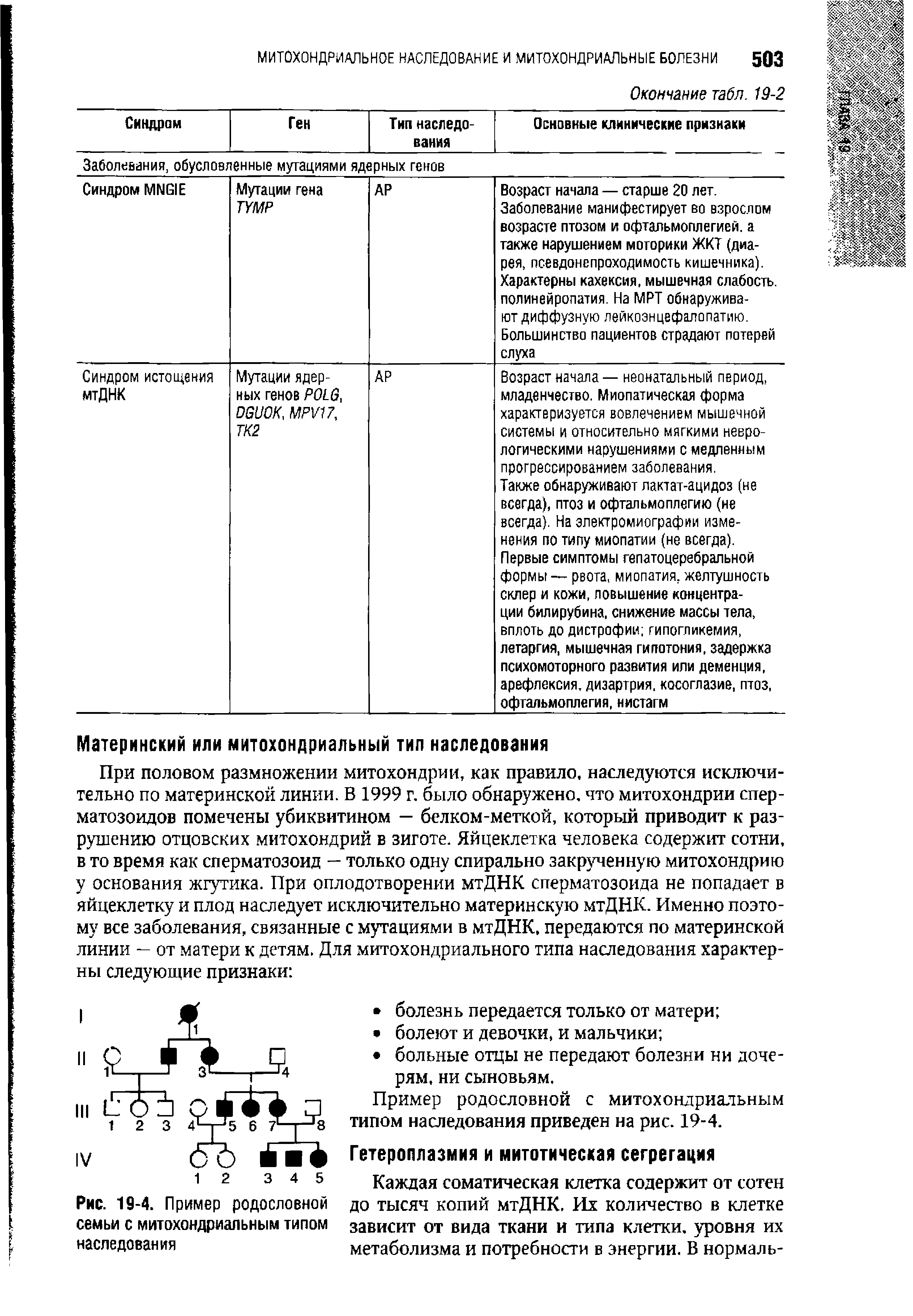 Рис. 19-4. Пример родословной семьи с митохондриальным типом наследования...