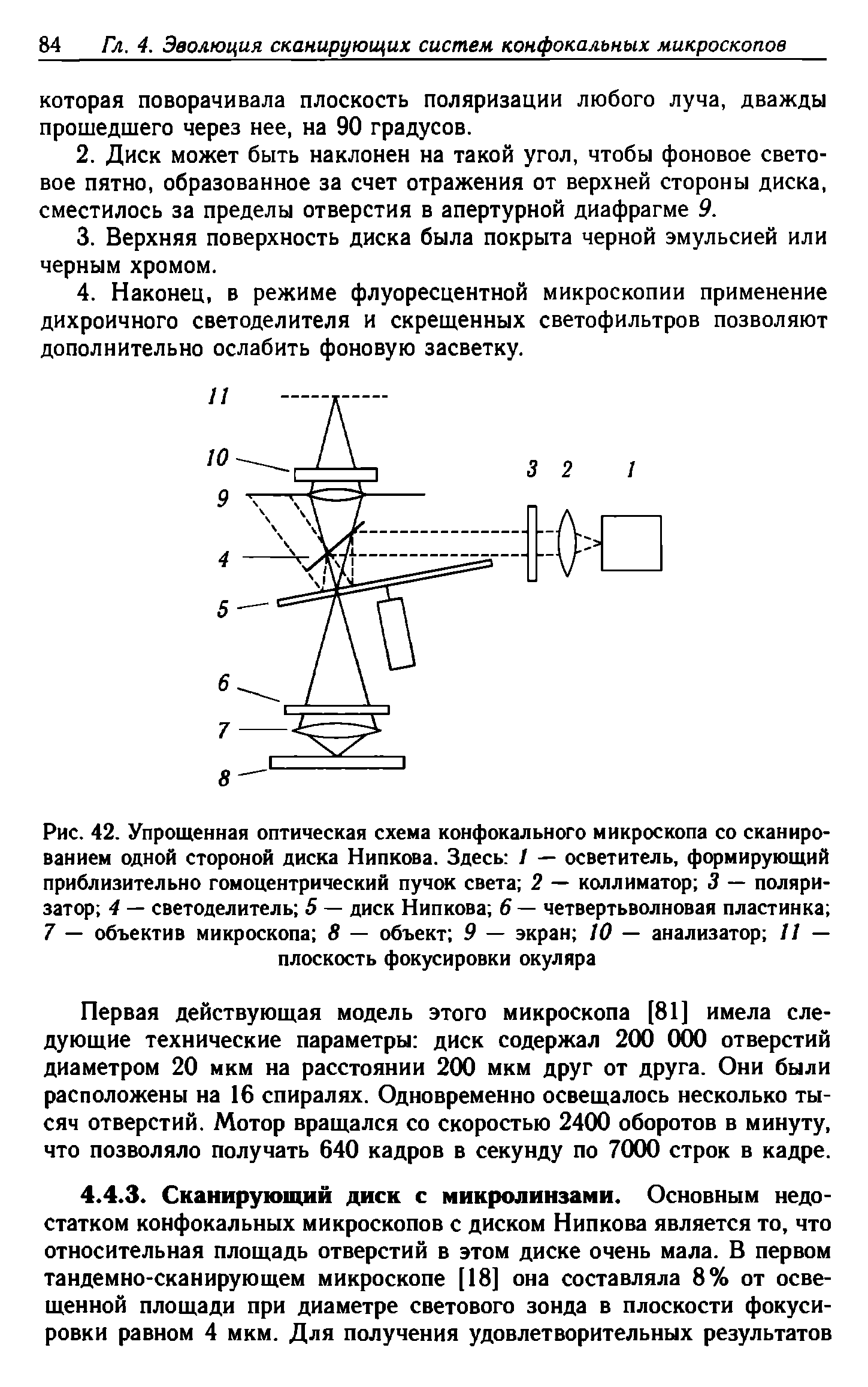 Рис. 42. Упрощенная оптическая схема конфокального микроскопа со сканированием одной стороной диска Нипкова. Здесь / — осветитель, формирующий приблизительно гомоцентрический пучок света 2 — коллиматор 3 — поляризатор 4 — светоделитель 5 — диск Нипкова 6 — четвертьволновая пластинка 7 — объектив микроскопа 8 — объект 9 — экран 10 — анализатор 11 — плоскость фокусировки окуляра...