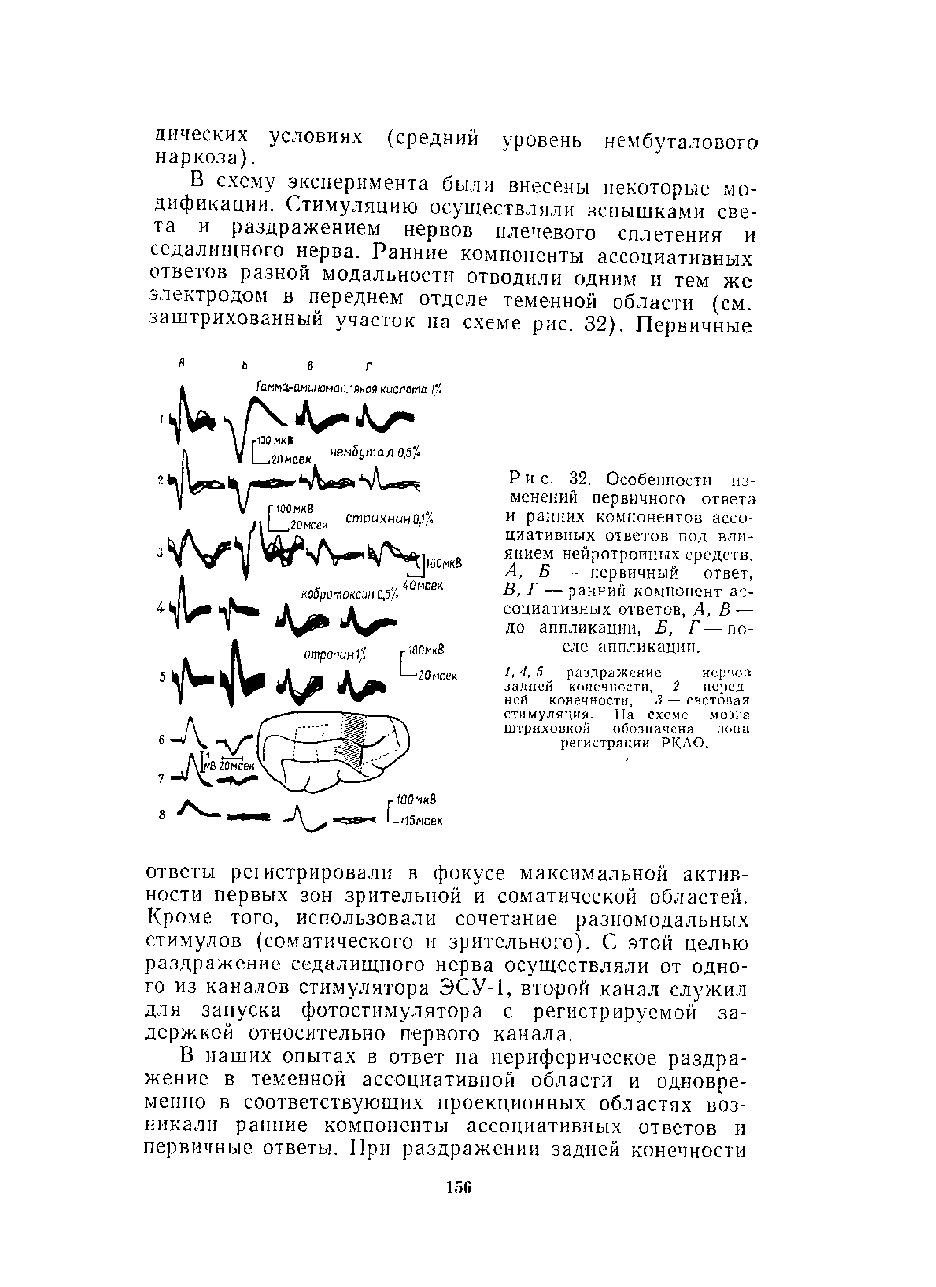 Рис. 32. Особенности изменений первичного ответа и ранних компонентов ассоциативных ответов под влиянием нейротропных средств.