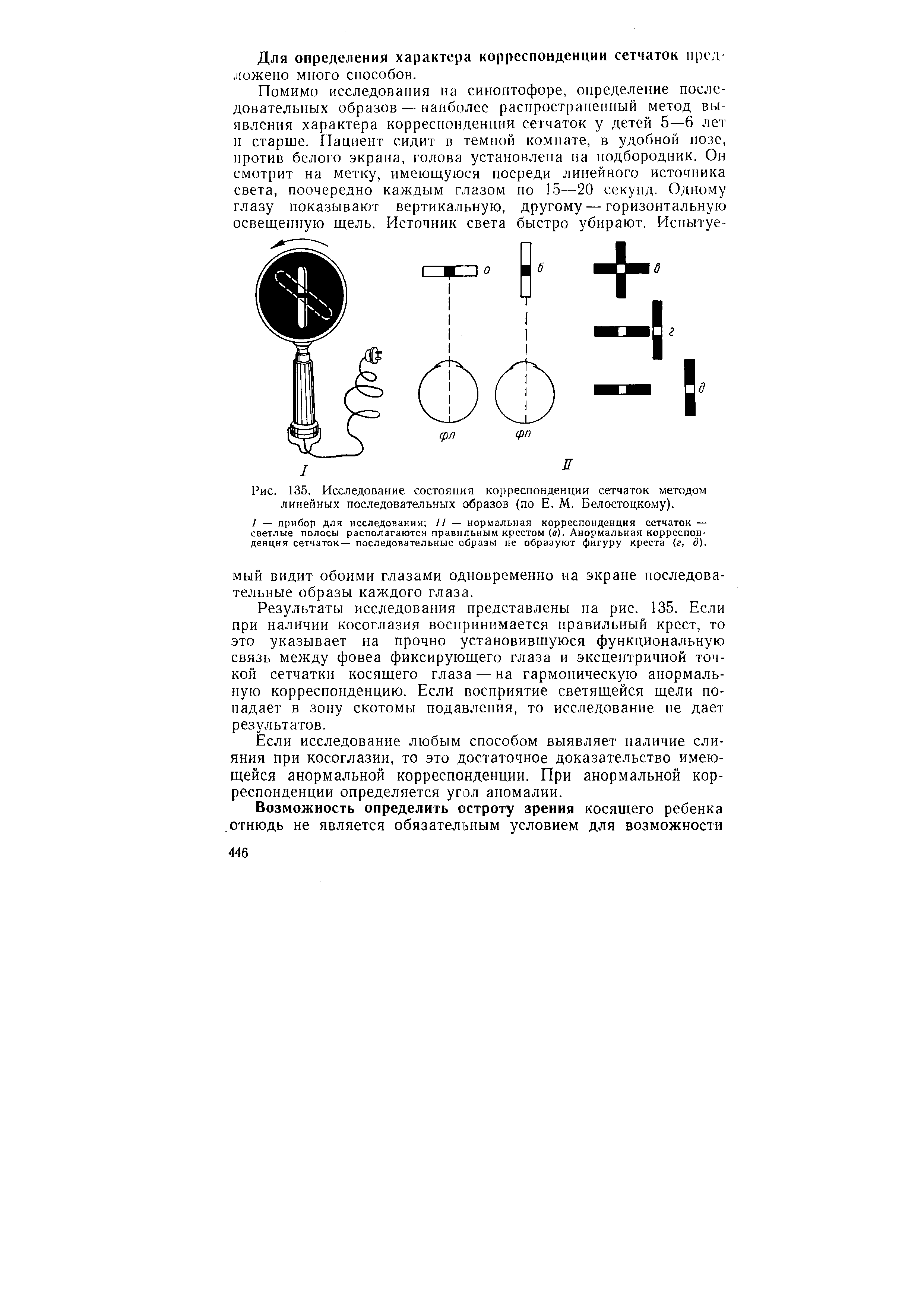Рис. 135. Исследование состояния корреспонденции сетчаток методом линейных последовательных образов (по Е. М. Белостоцкому).