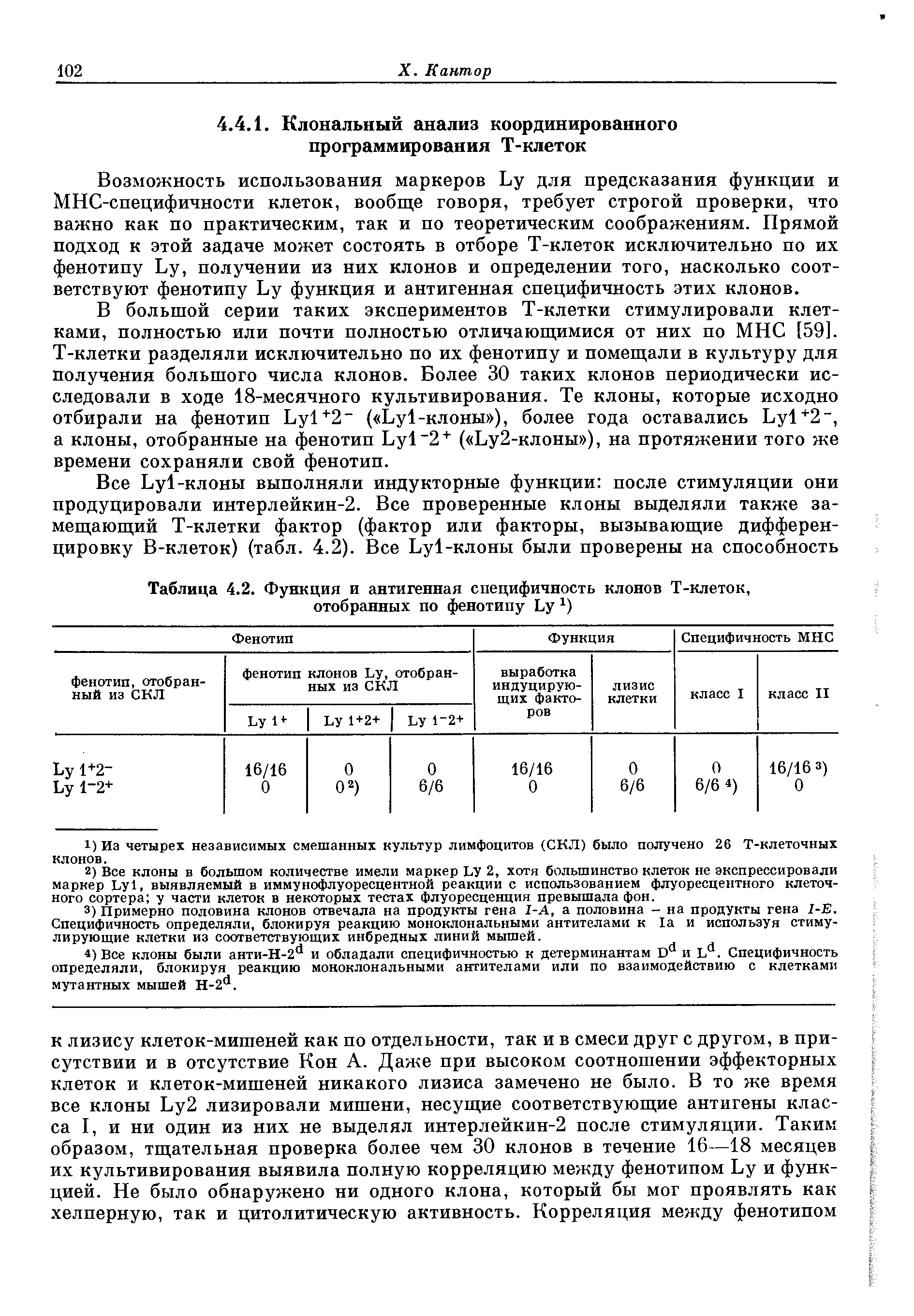 Таблица 4.2. Функция и антигенная специфичность клонов Т-клеток, отобранных по фенотипу Ьу х)...