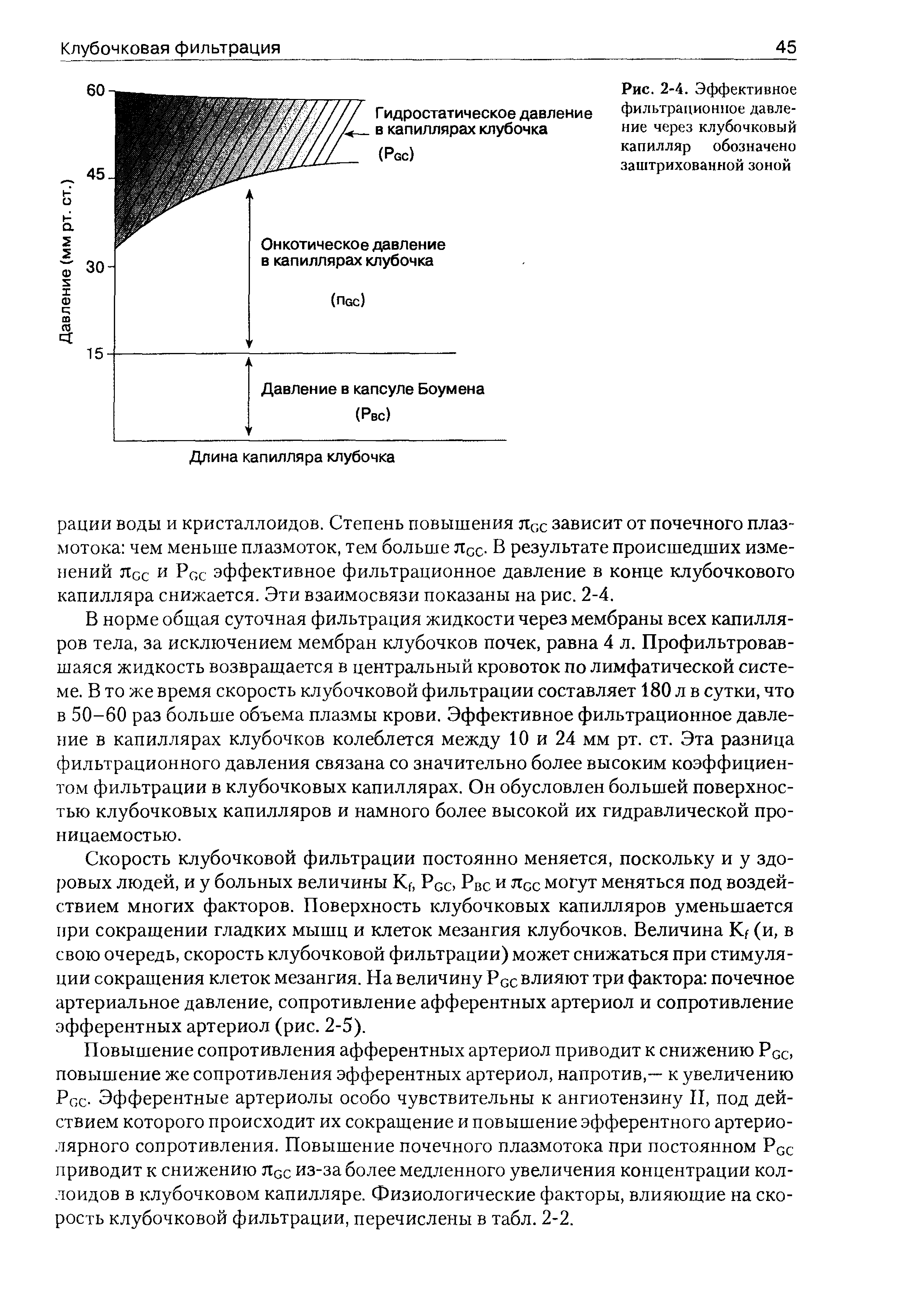 Рис. 2-4. Эффективное фильтрационное давление через клубочковый капилляр обозначено заштрихованной зоной...