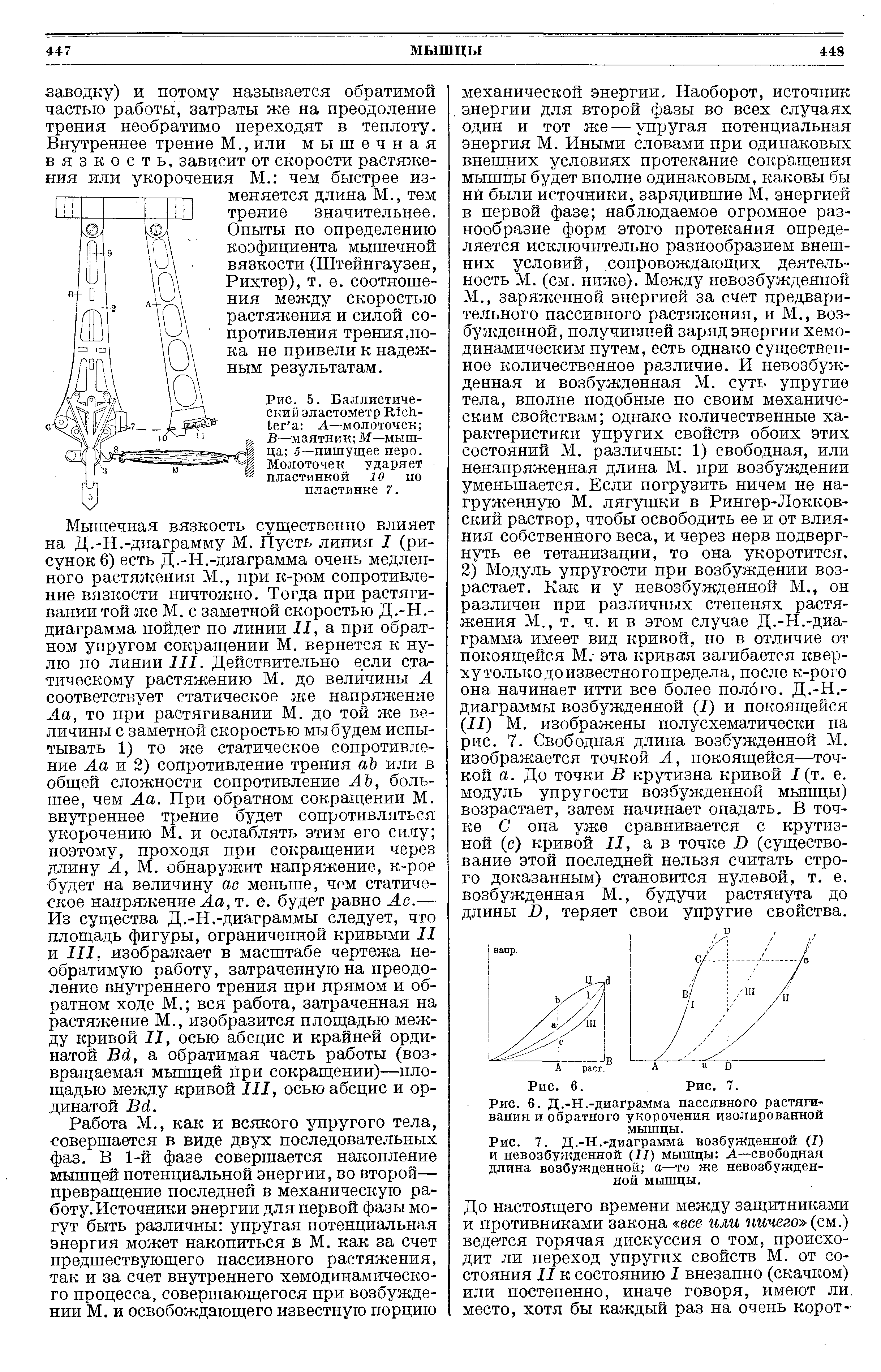 Рис. 6. Д.-Н.-диаграмма пассивного растягивания и обратного укорочения изолированной мышцы.