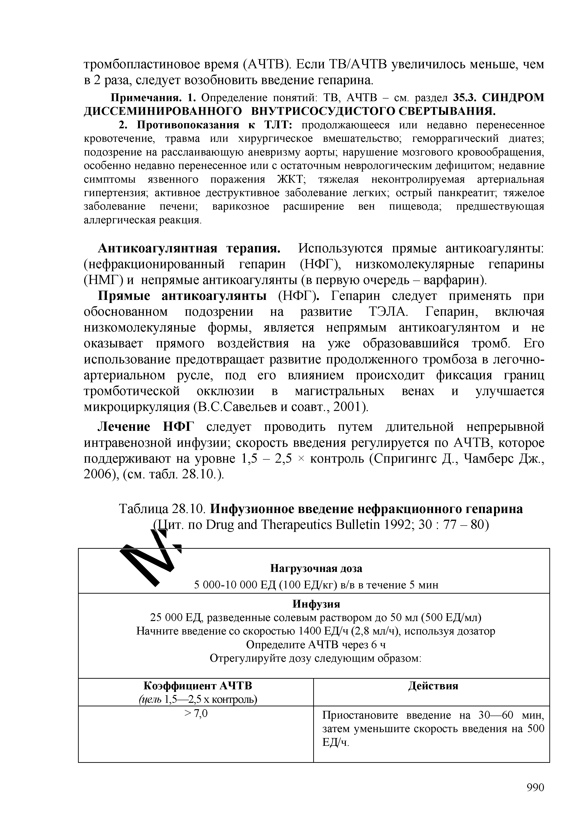 Таблица 28.10. Инфузионное введение нефракционного гепарина СЦит. по D T B 1992 30 77 - 80)...