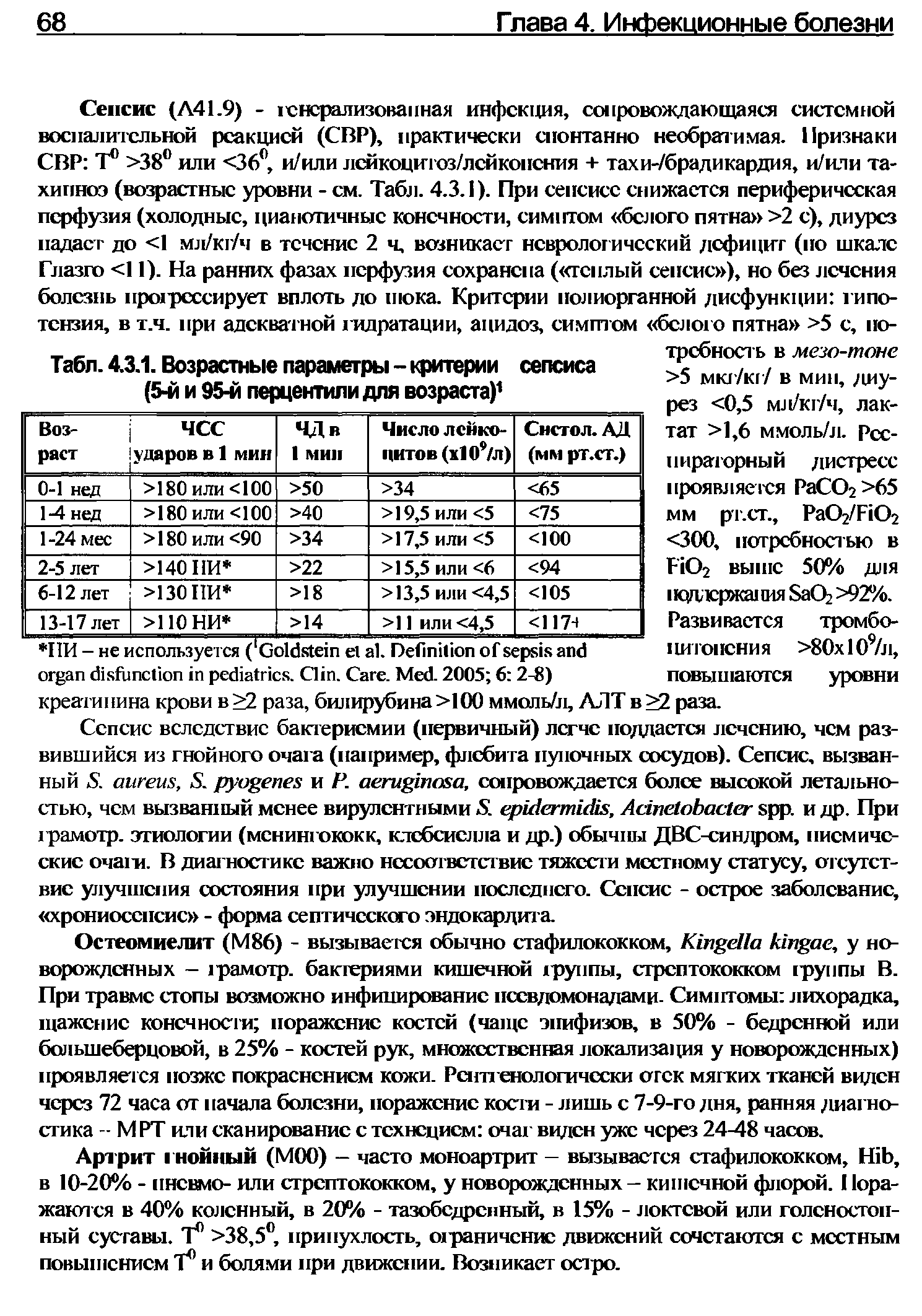 Табл. 4.3.1. Возрастные параметры-критерии сепсиса (5-й и 95-й перцентили для возраста)1...