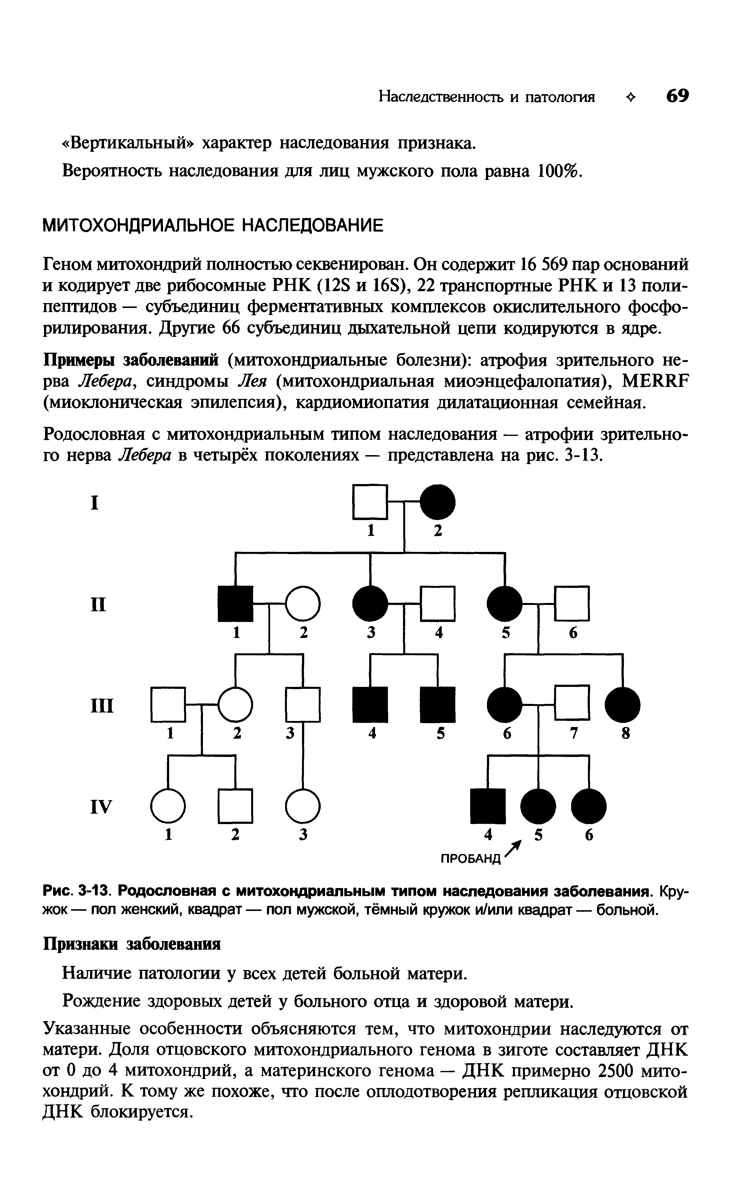 Рис. 3-13. Родословная с митохондриальным типом наследования заболевания. Кружок — пол женский, квадрат — пол мужской, тёмный кружок и/или квадрат — больной.