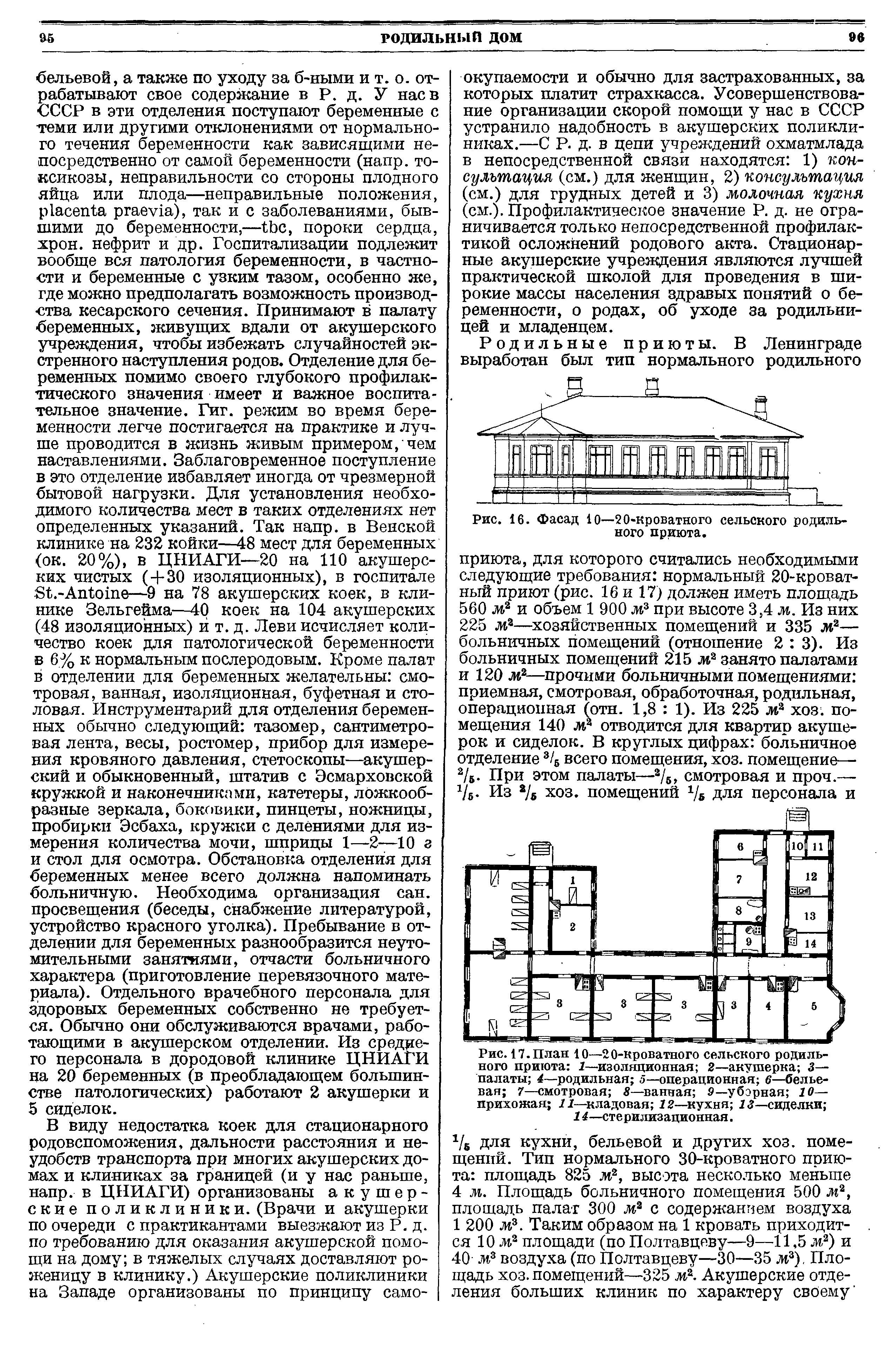Рис. 17.План Ю—20-кроватного сельского родильного приюта 1—изоляционная 2—акушерка 3— палаты 4—родильная 5—операционная 6—бельевая 7—смотровая 8—ванная 9— уборная 10— прихожая 11—кладовая 12—кухня 13—сиделки ...