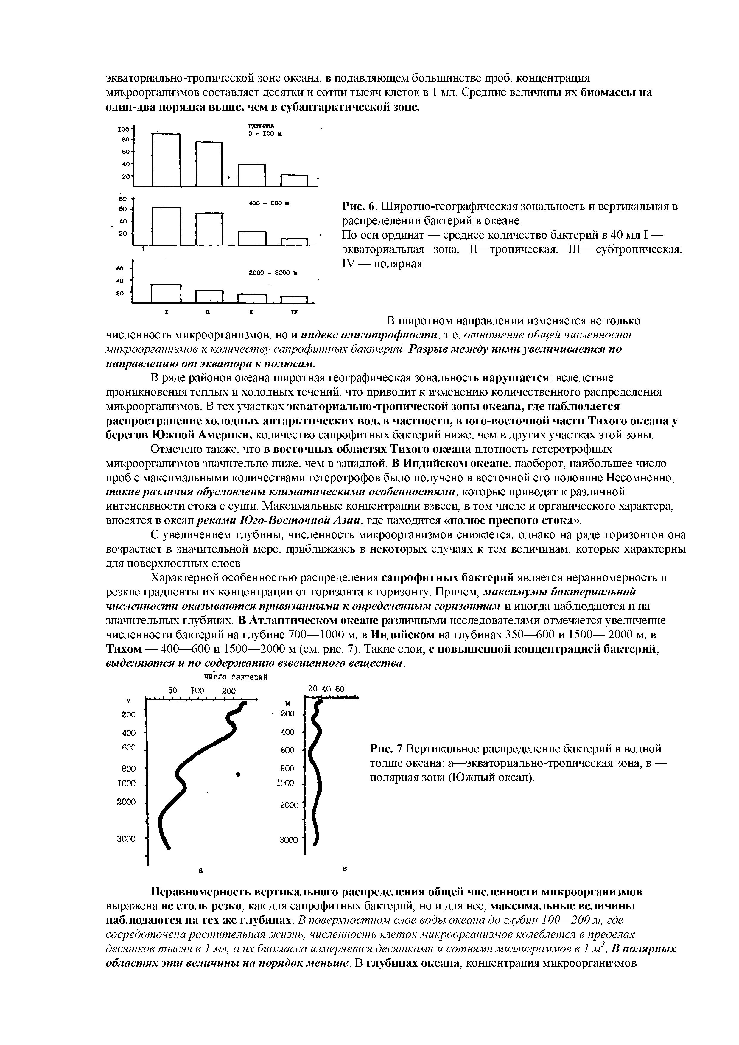 Рис. 7 Вертикальное распределение бактерий в водной толще океана а—экваториально-тропическая зона, в — полярная зона (Южный океан).