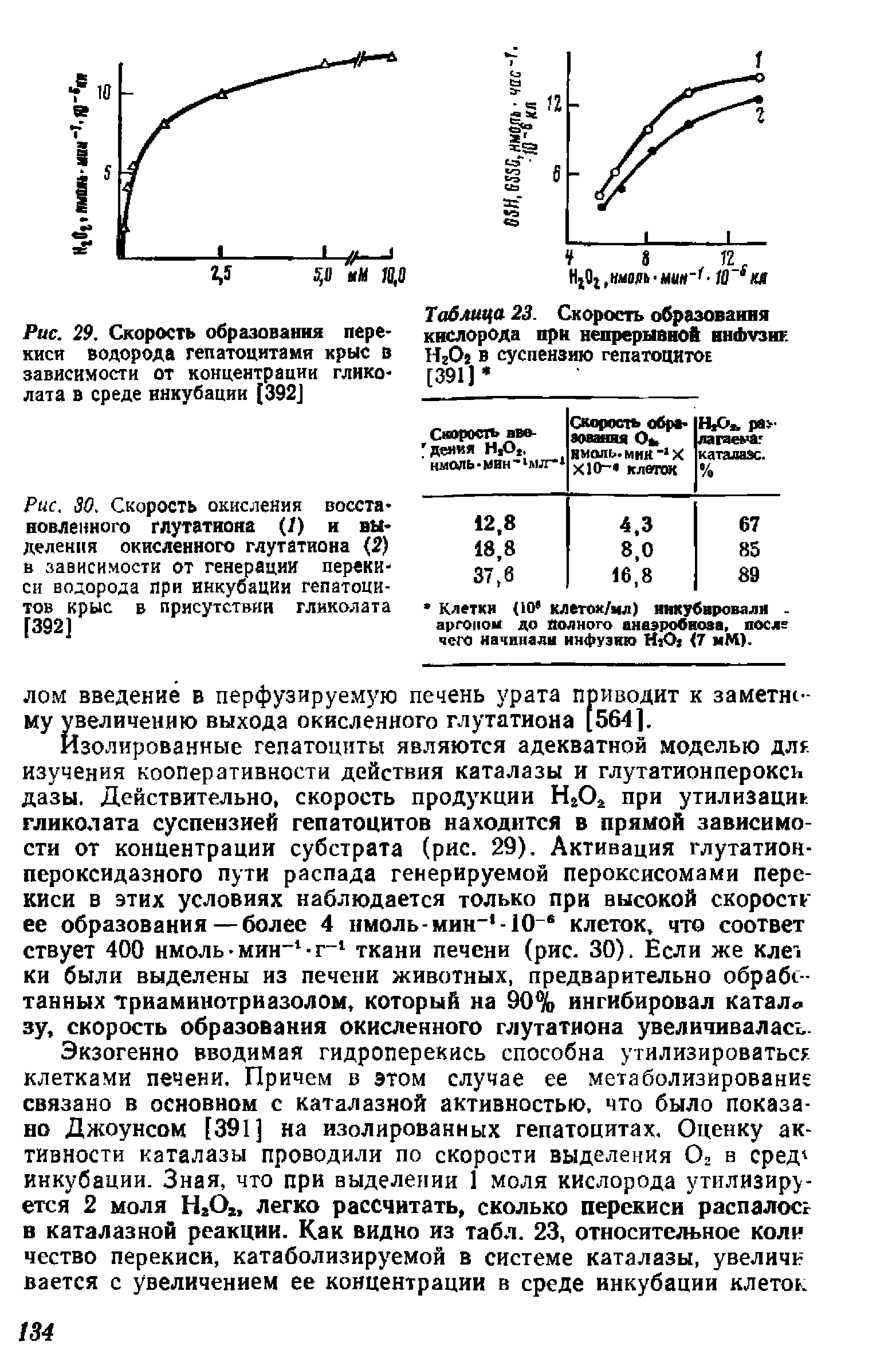 Рис. 30. Скорость окисления восстановленного глутатиона (/) и выделения окисленного глутатиона (2) в зависимости от генерации перекиси водорода при инкубации гепатоцитов крыс в присутствии гликолата [392]...