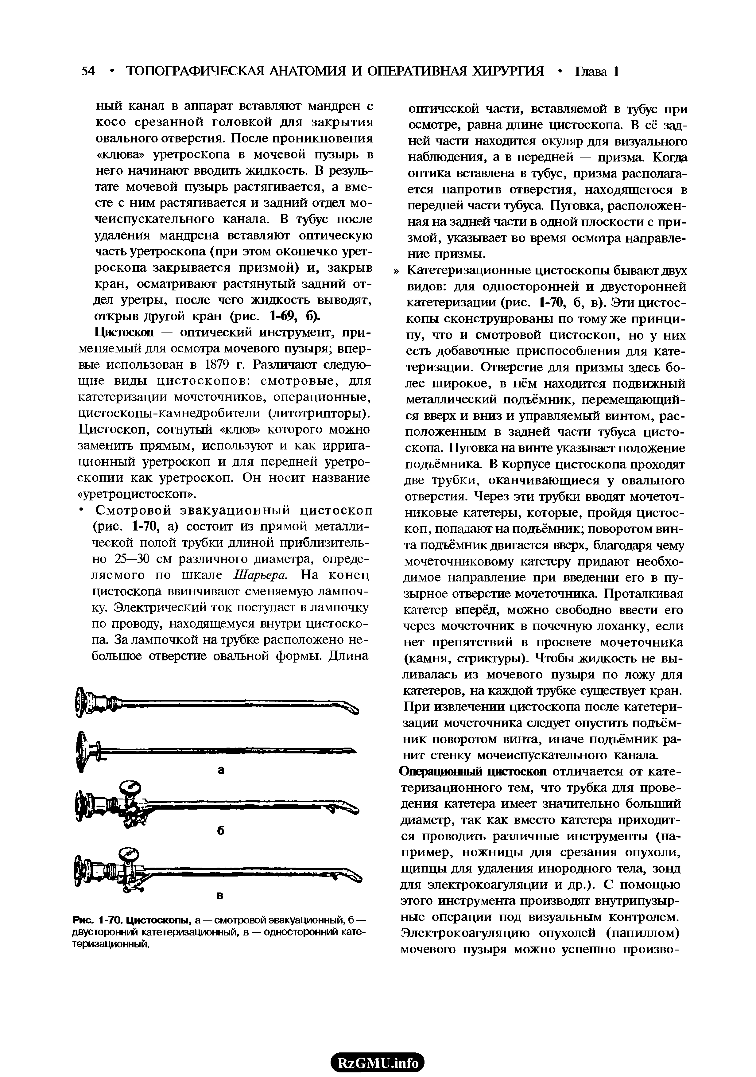 Рис. 1 -70. Цистоскопы, а — смотровой эвакуационный, б — двусторонний катетеризационный, в — односторонний кате-теризационный.