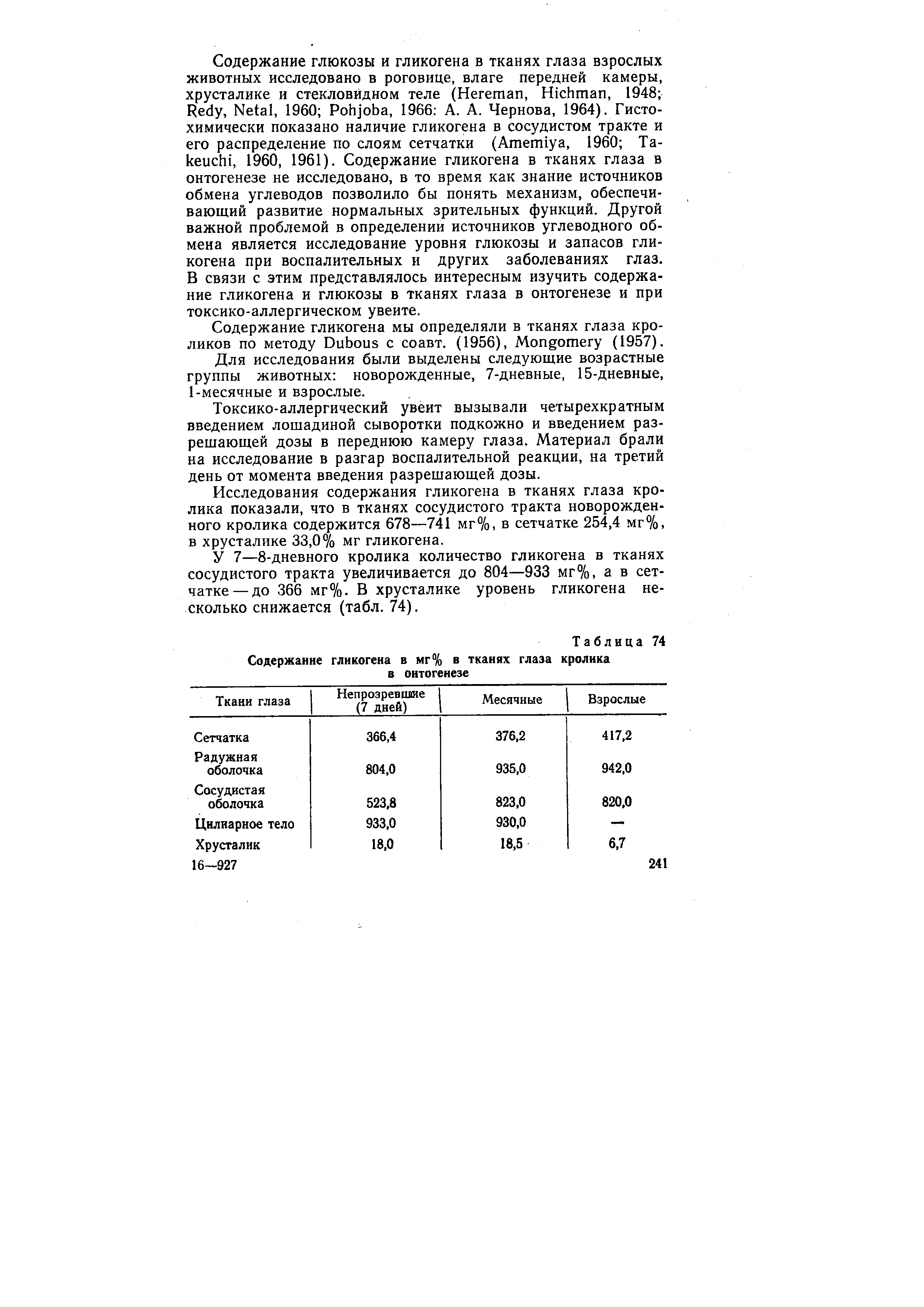 Таблица 74 Содержание гликогена в мг% в тканях глаза кролика в онтогенезе...