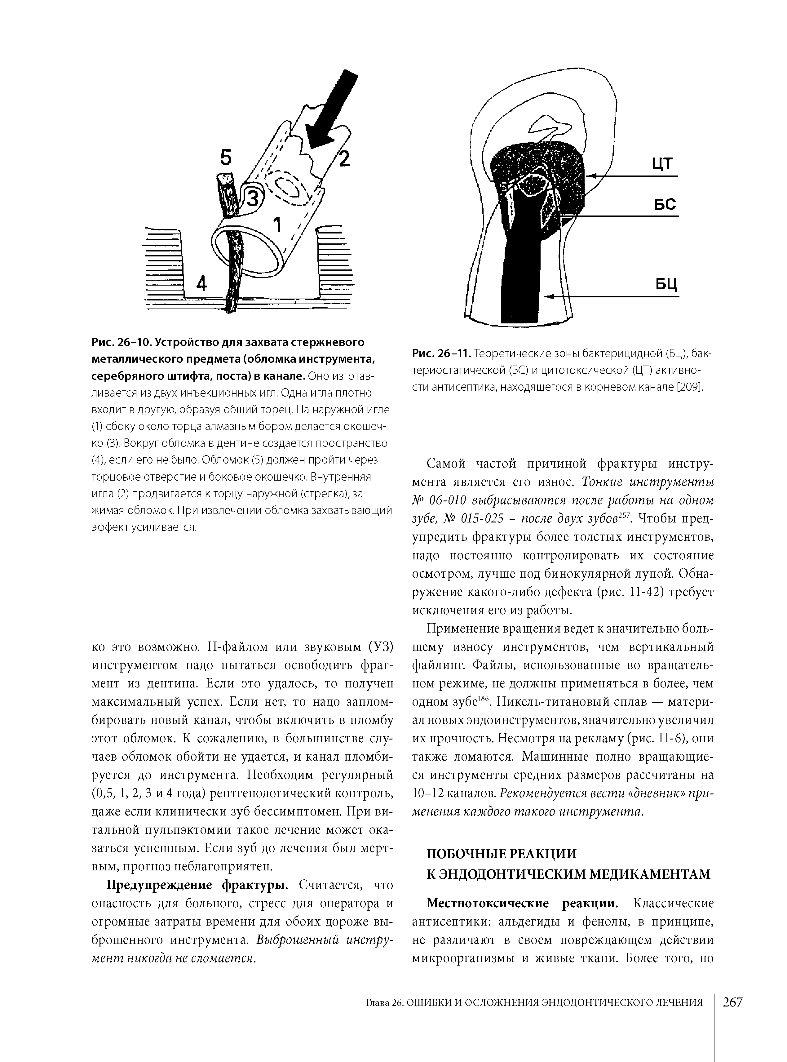 Рис. 26-11. Теоретические зоны бактерицидной (БЦ), бактериостатической (БС) и цитотоксической (ЦТ) активности антисептика, находящегося в корневом канале [209].