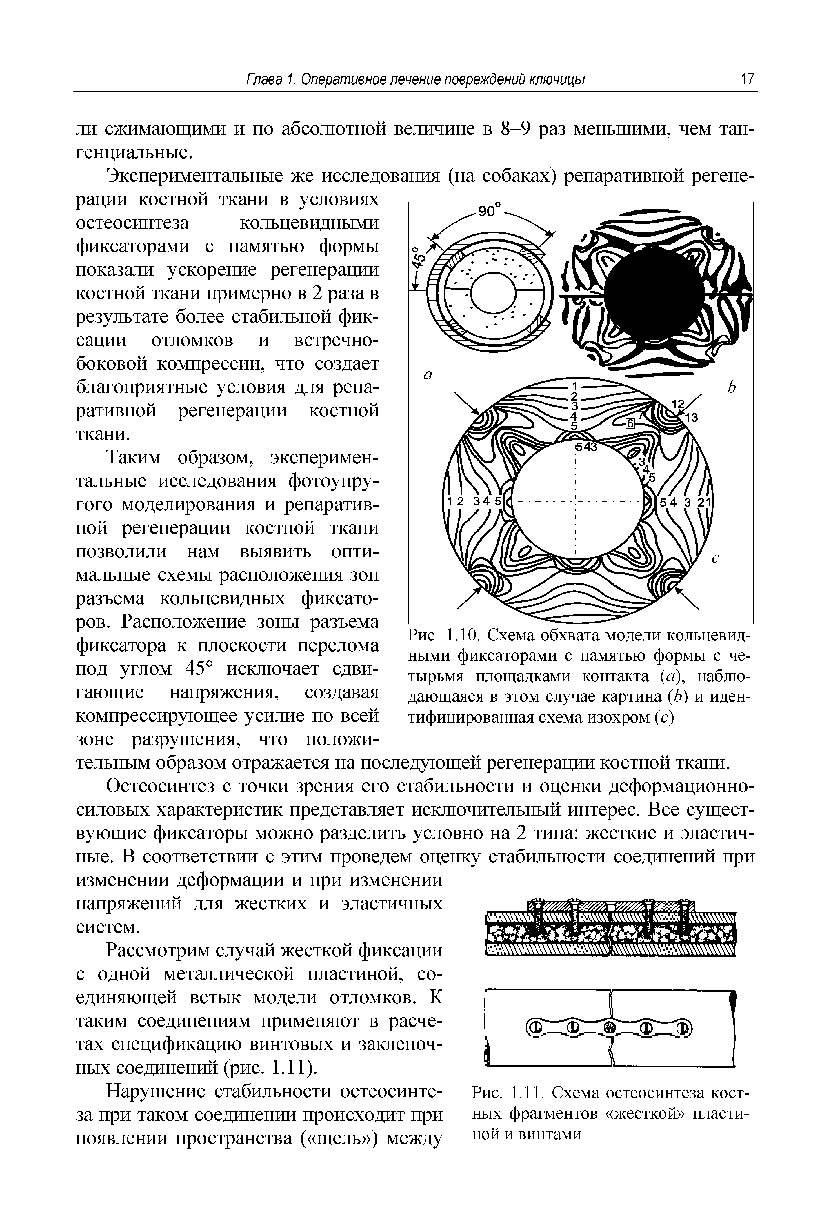 Рис. 1.10. Схема обхвата модели кольцевидными фиксаторами с памятью формы с четырьмя площадками контакта (а), наблюдающаяся в этом случае картина (5) и идентифицированная схема изохром (с)...