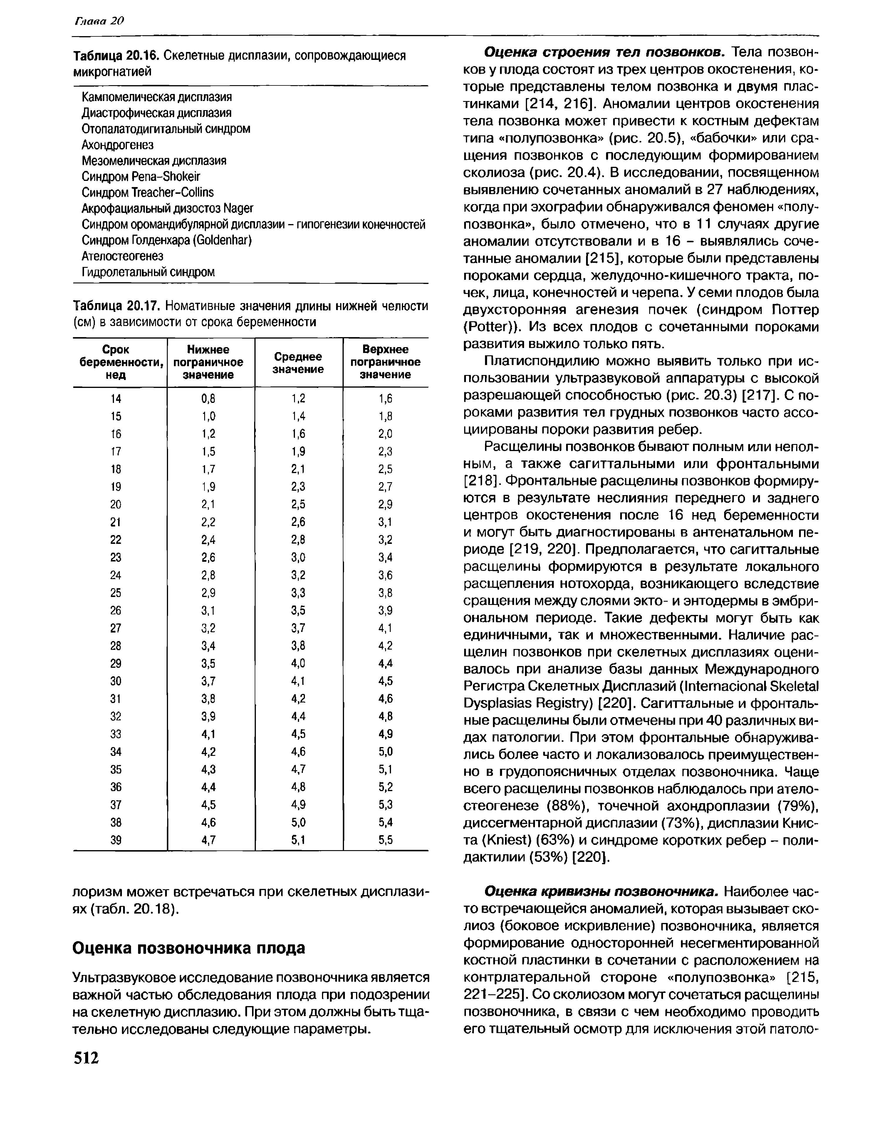 Таблица 20.17. Номативные значения длины нижней челюсти (см) в зависимости от срока беременности...