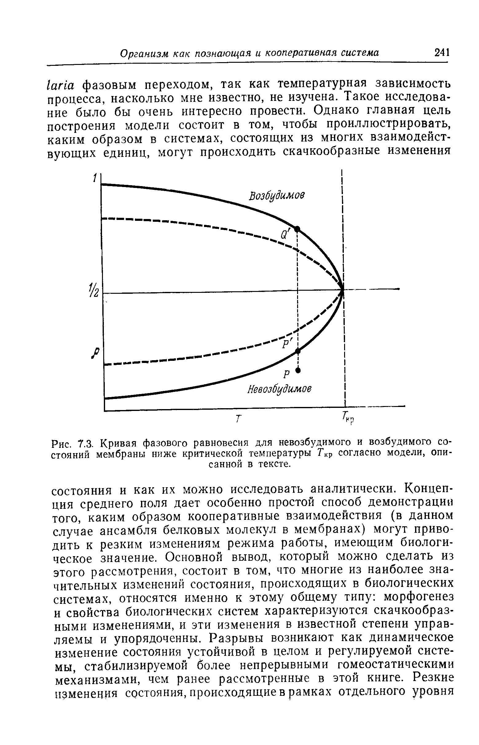 Рис. 7.3. Кривая фазового равновесия для невозбудимого и возбудимого состояний мембраны ниже критической температуры согласно модели, описанной в тексте.