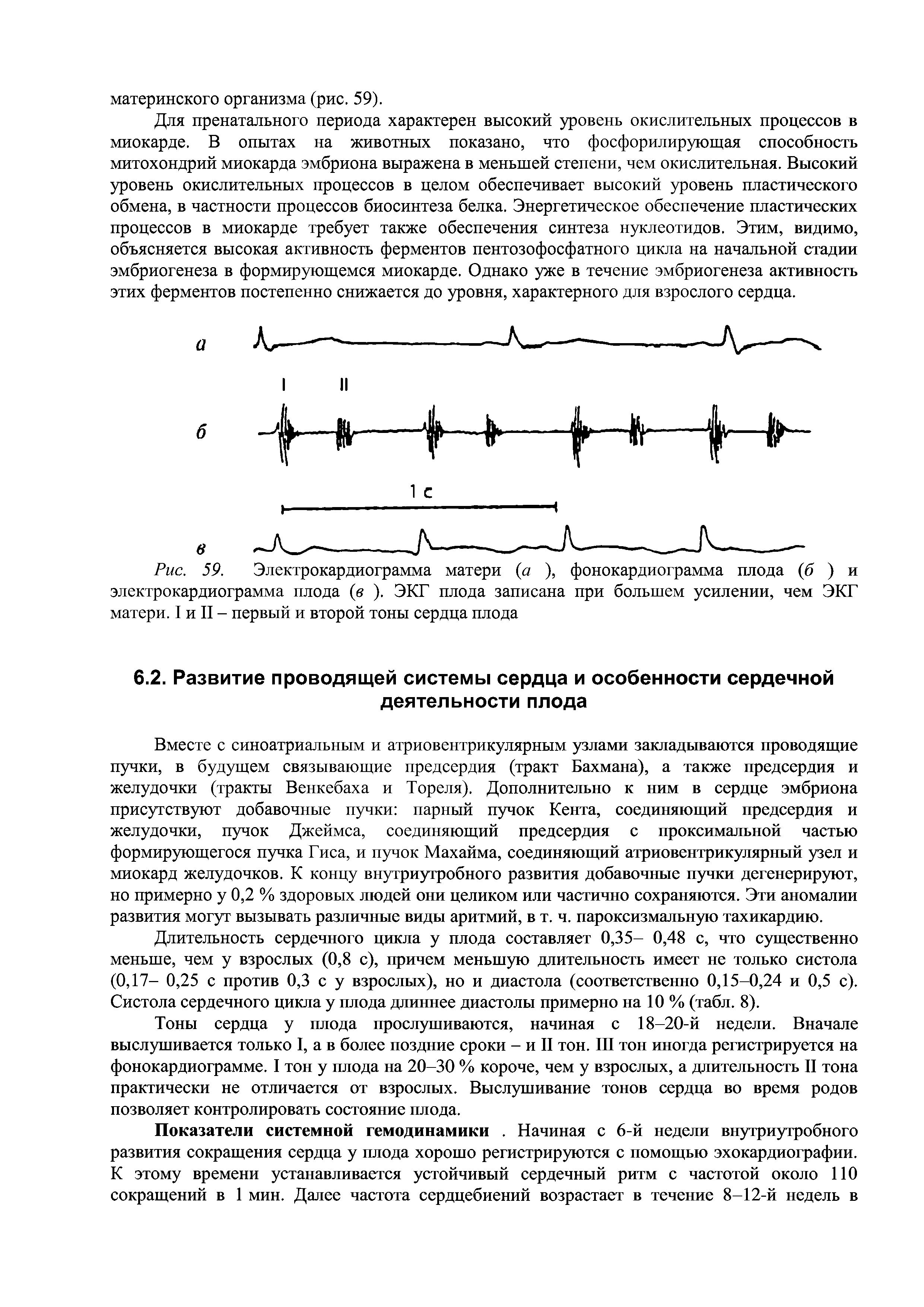 Рис. 59. Электрокардиограмма матери (а ), фонокардиограмма плода (б ) и электрокардиограмма плода (в ). ЭКГ плода записана при большем усилении, чем ЭКГ матери. I и II - первый и второй тоны сердца плода...