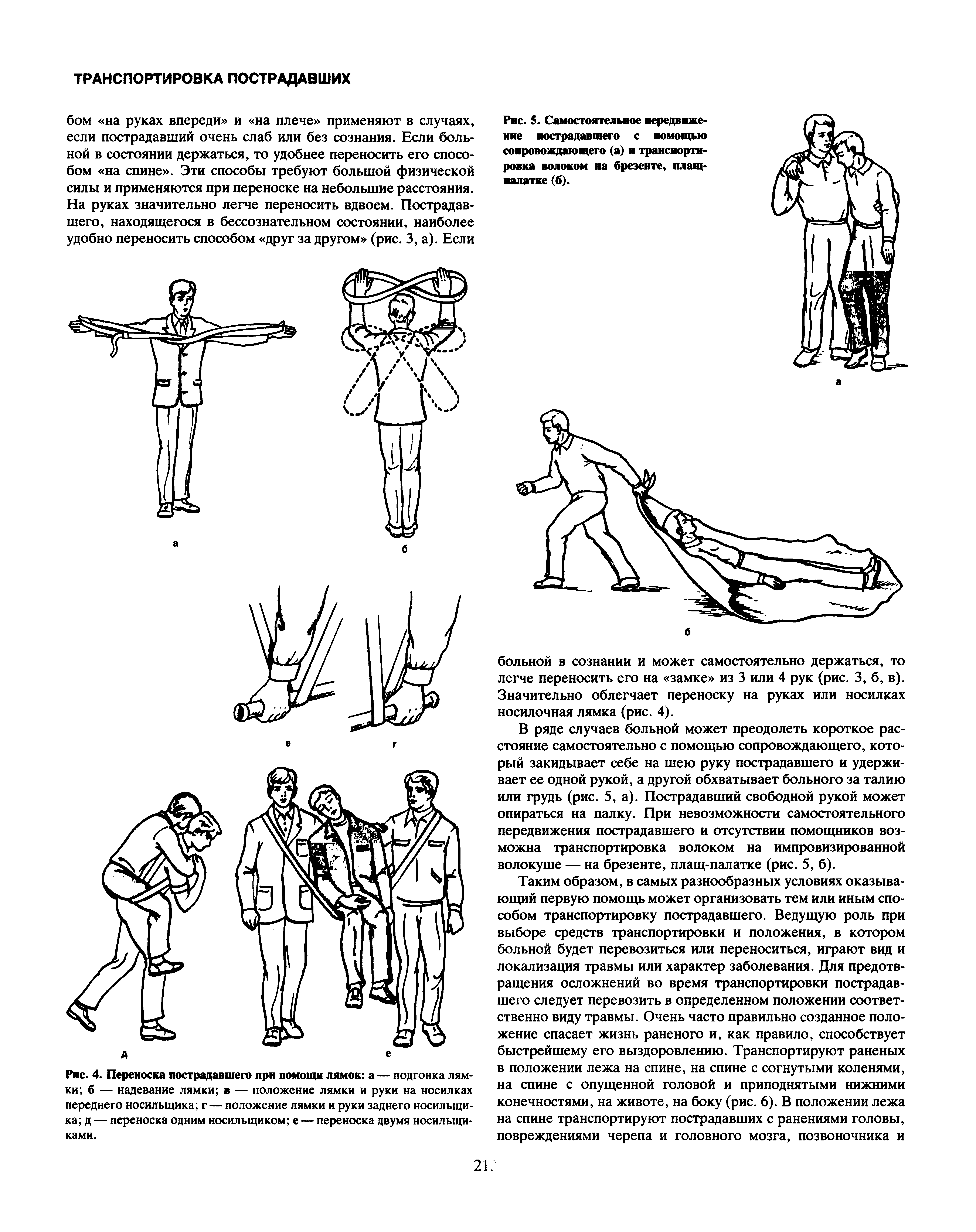 Рис. 4. Переноска пострадавшего при помощи лямок а — подгонка лямки б — надевание лямки в — положение лямки и руки на носилках переднего носильщика г — положение лямки и руки заднего носильщика — переноска одним носильщиком е — переноска двумя носильщиками.