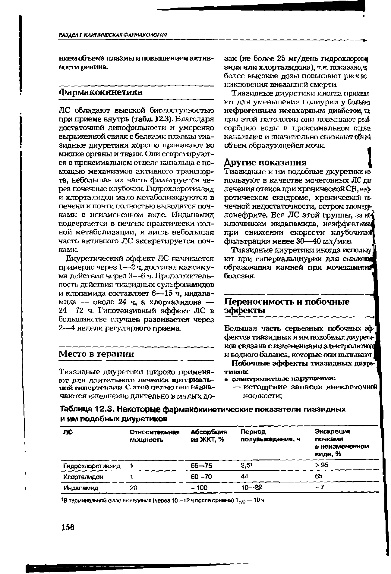 Таблица 12.3, Некоторые фармакокинетические показатели тиазидных и им подобных диуретиков...