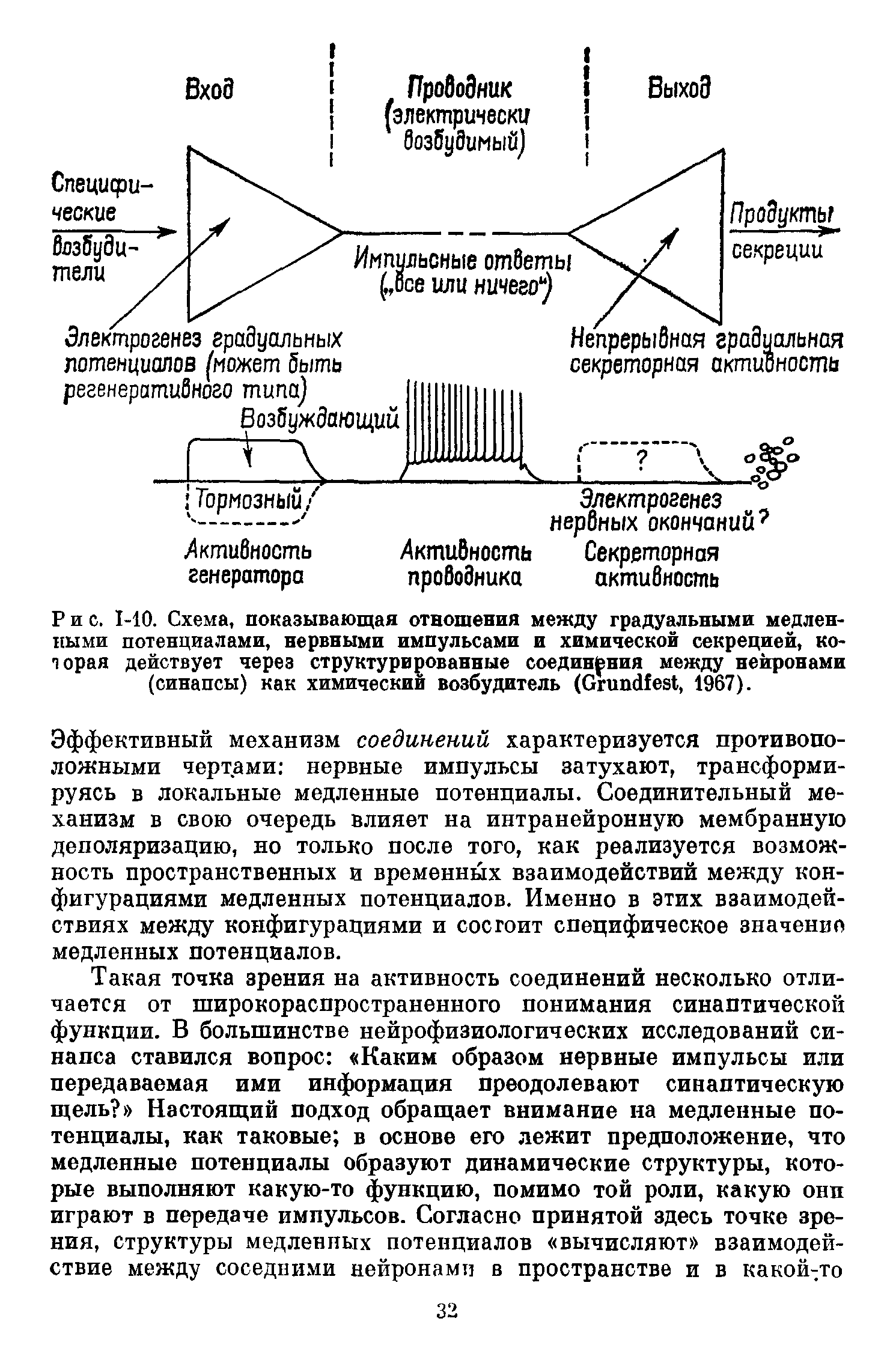 Рис. 1-10. Схема, показывающая отношения между градуальными медленными потенциалами, нервными импульсами и химической секрецией, которая действует через структурированные соединения между нейронами (синапсы) как химический возбудитель (впшсИез , 1967).