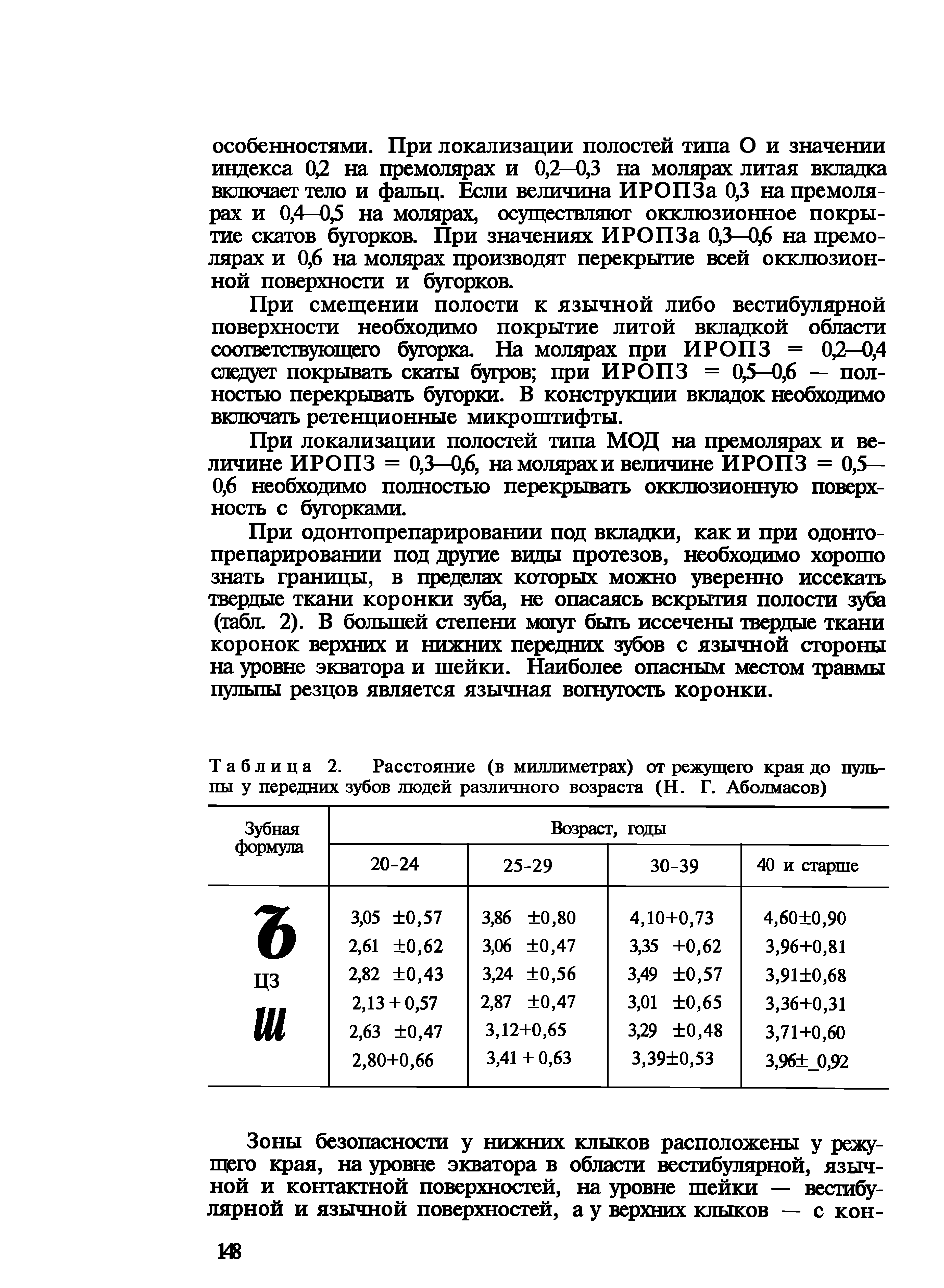 Таблица 2. Расстояние (в миллиметрах) от режущего края до пульпы у передних зубов людей различного возраста (Н. Г. Аболмасов)...