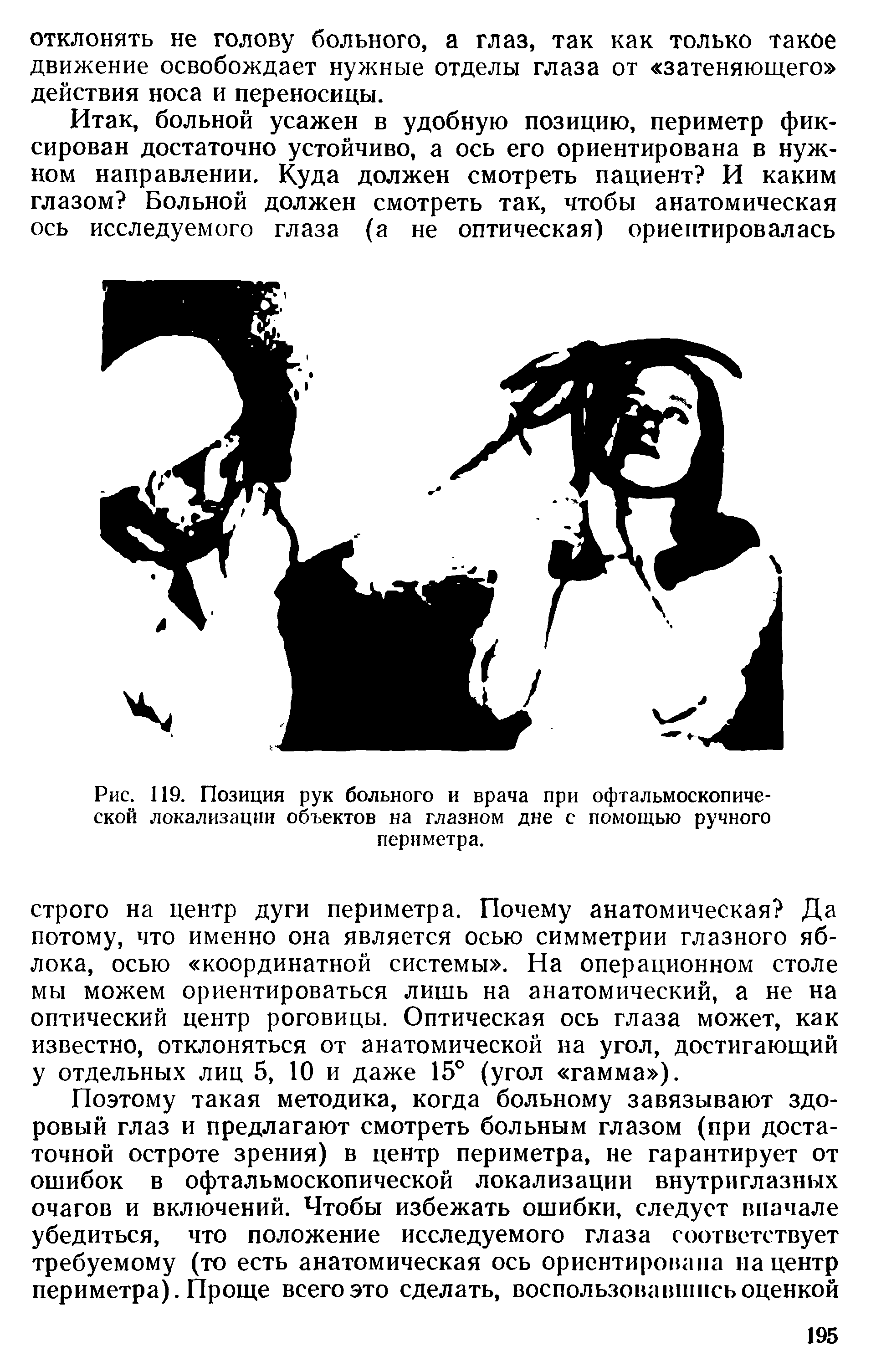 Рис. 119. Позиция рук больного и врача при офтальмоскопической локализации объектов на глазном дне с помощью ручного периметра.