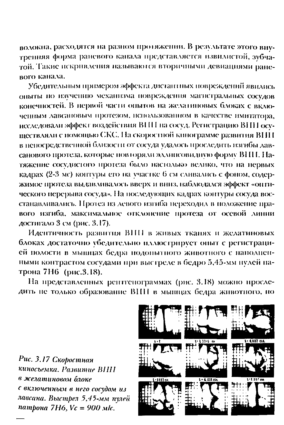 Рис. 3.17 Скоростная киносъемка. Развитие НИИ в желатиновом блоке с включенным в него сосудом из лавсана. Выстрел 5,45-мм пулей патрона 7Н6, Ус = 900 м/с.