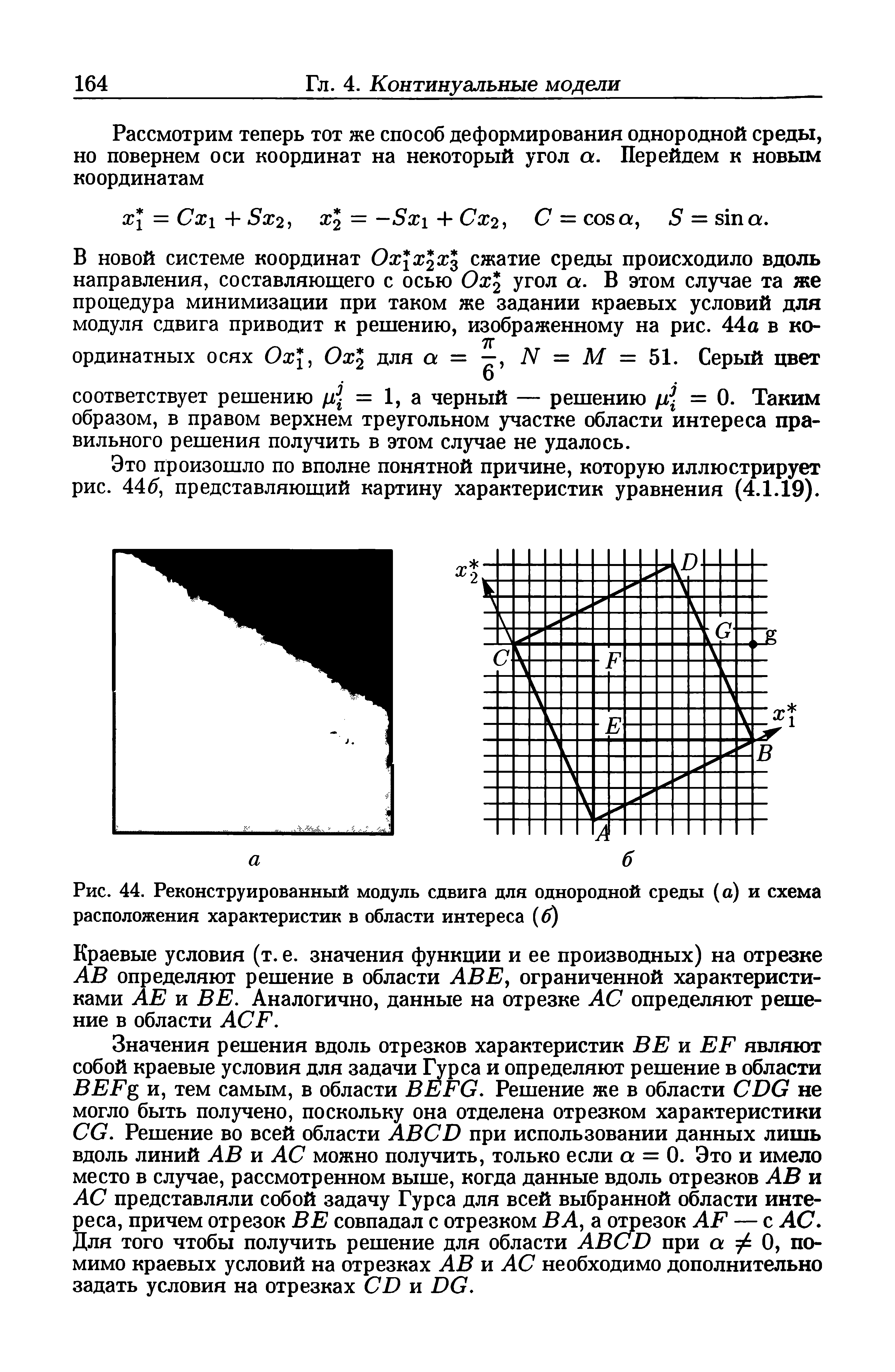 Рис. 44. Реконструированный модуль сдвига для однородной среды (а) и схема расположения характеристик в области интереса (б)...