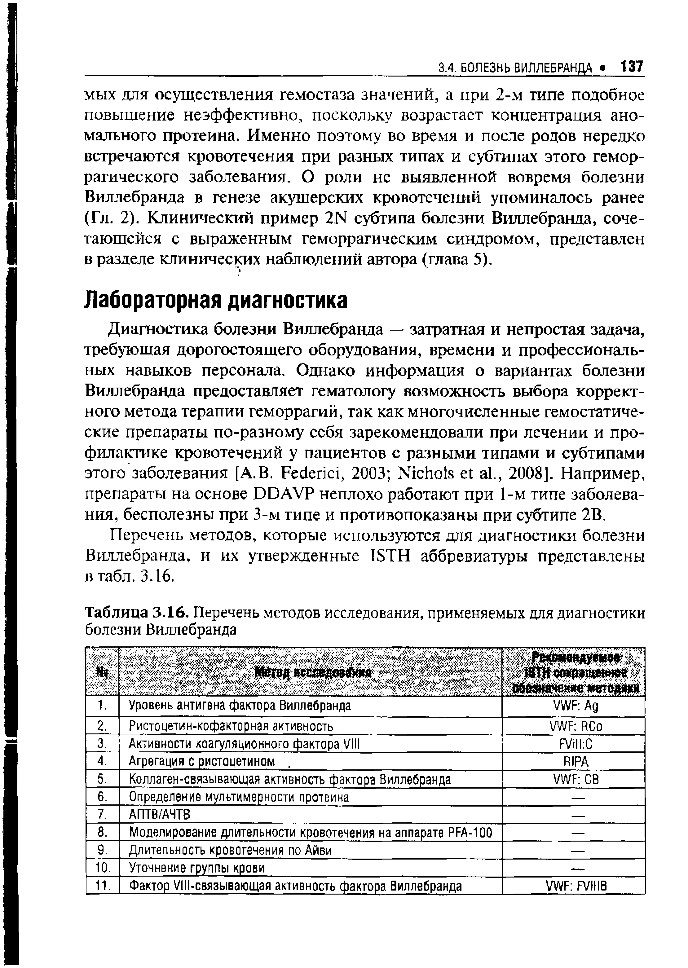 Таблица 3.16. Перечень методов исследования, применяемых для диагностики болезни Виллебранда...