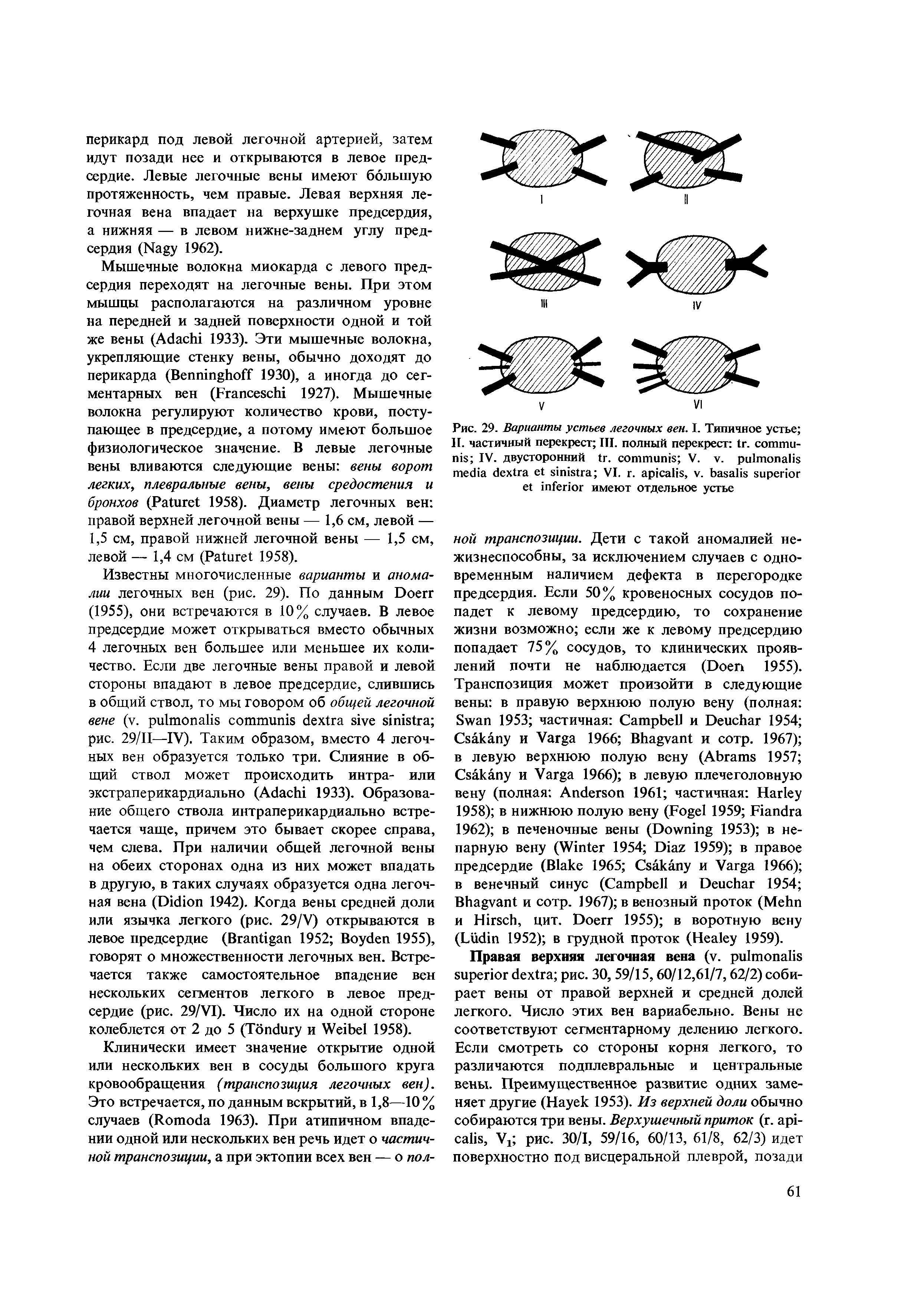 Рис. 29. Варианты устьев легочных вен. I. Типичное устье II. частичный перекрест III. полный перекрест . - IV. двусторонний . V. . VI. . , . имеют отдельное устье...