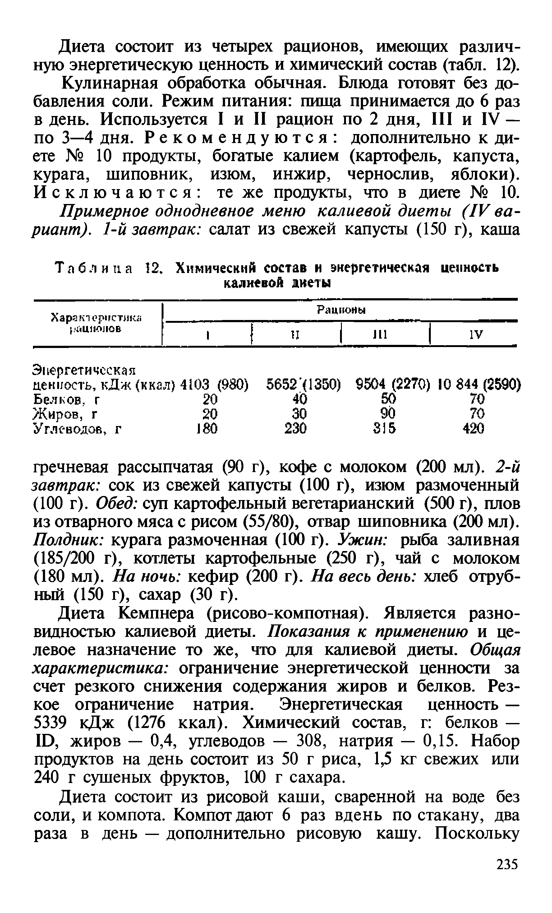 Таблица 12. Химический состав и энергетическая ценность калиевой диеты...