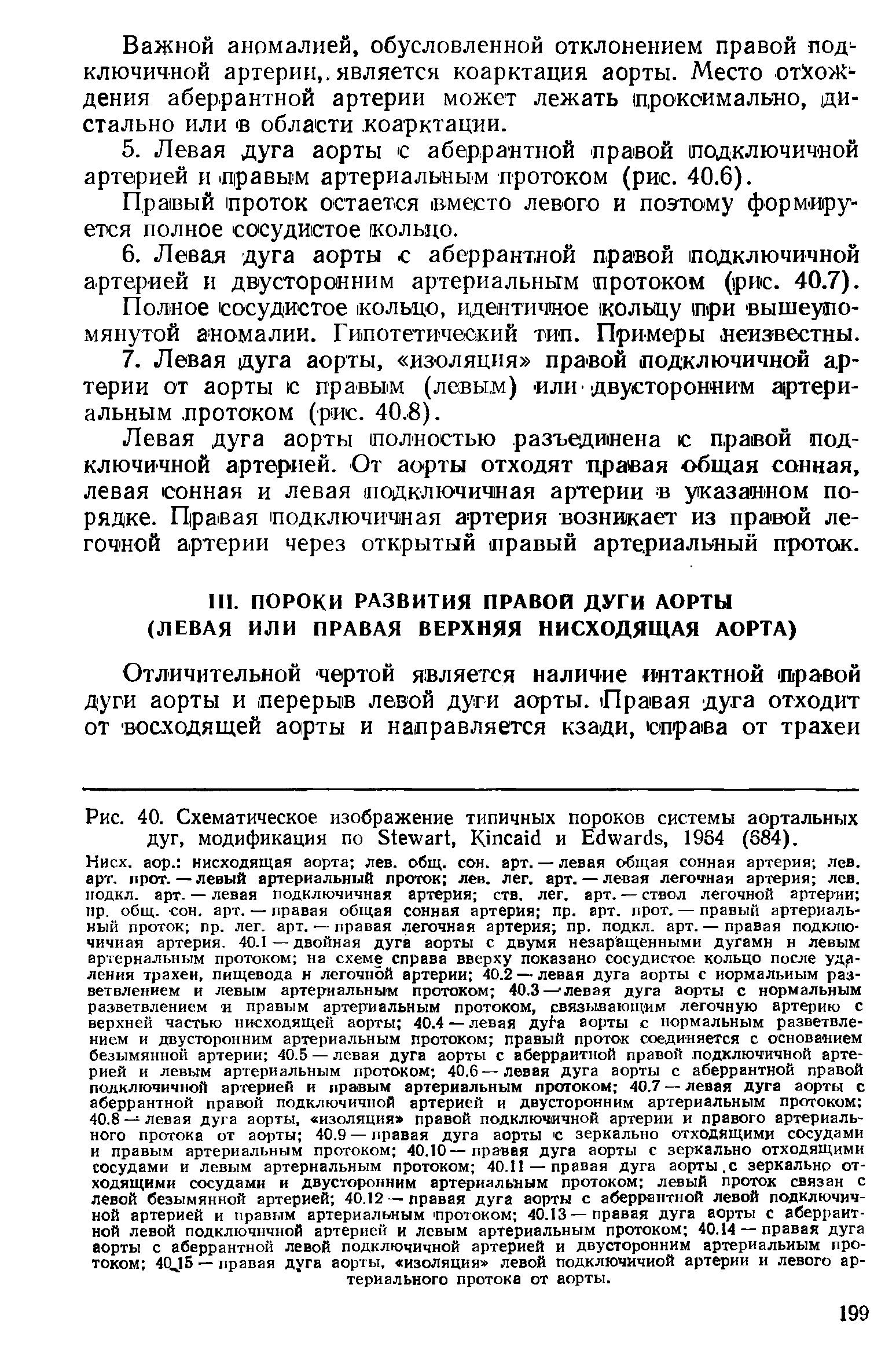 Рис. 40. Схематическое изображение типичных пороков системы аортальных дуг, модификация по S , K и E , 1954 (584).