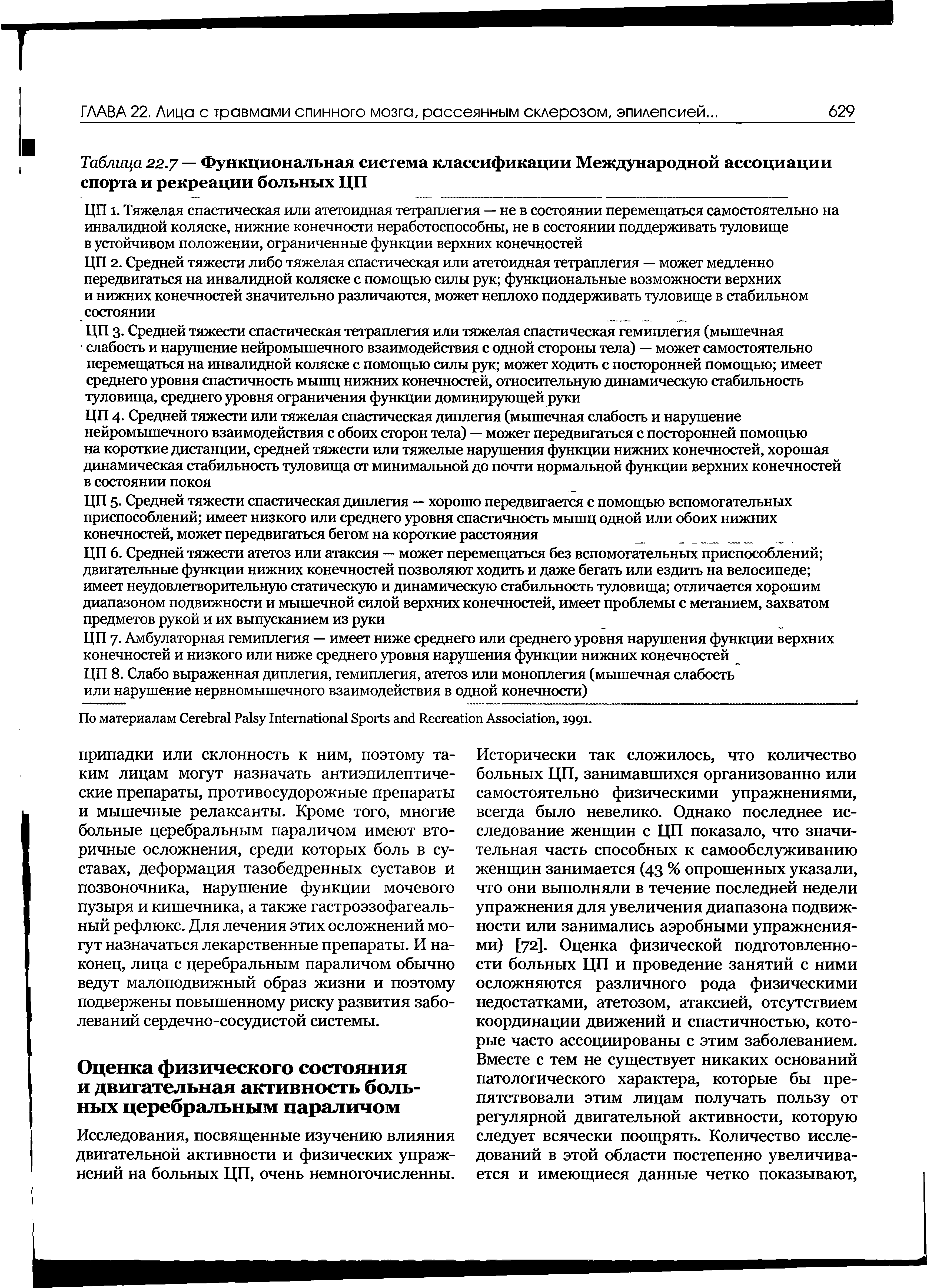 Таблица 22.7 — Функциональная система классификации Международной ассоциации спорта и рекреации больных ЦП...