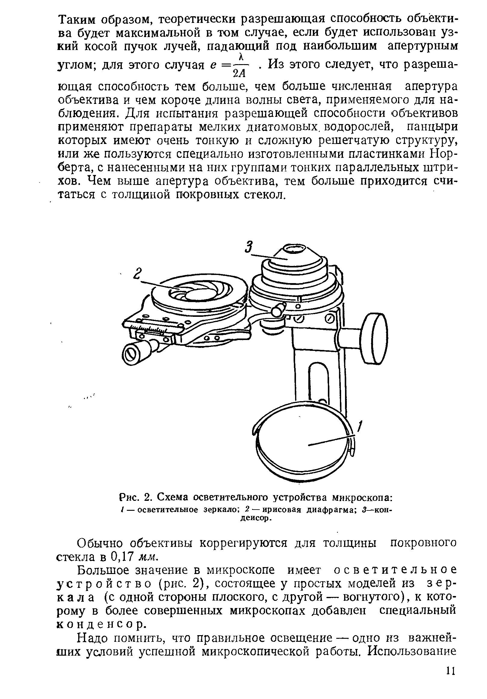 Рис. 2. Схема осветительного устройства микроскопа / — осветительное зеркало 2 — ирисовая диафрагма 5—конденсор.