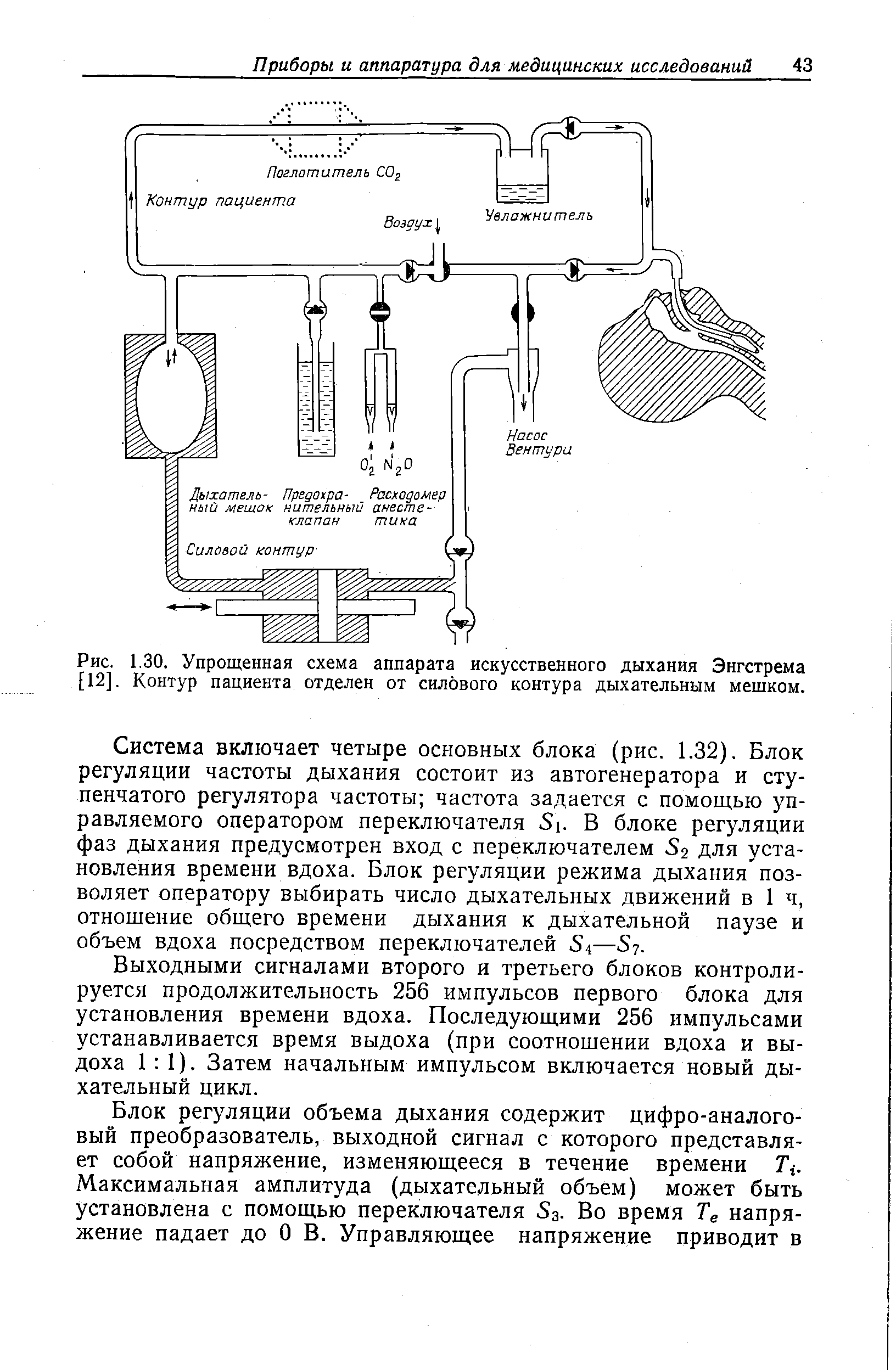 Рис. 1.30. Упрощенная схема аппарата искусственного дыхания Энгстрема [12]. Контур пациента отделен от силового контура дыхательным мешком.