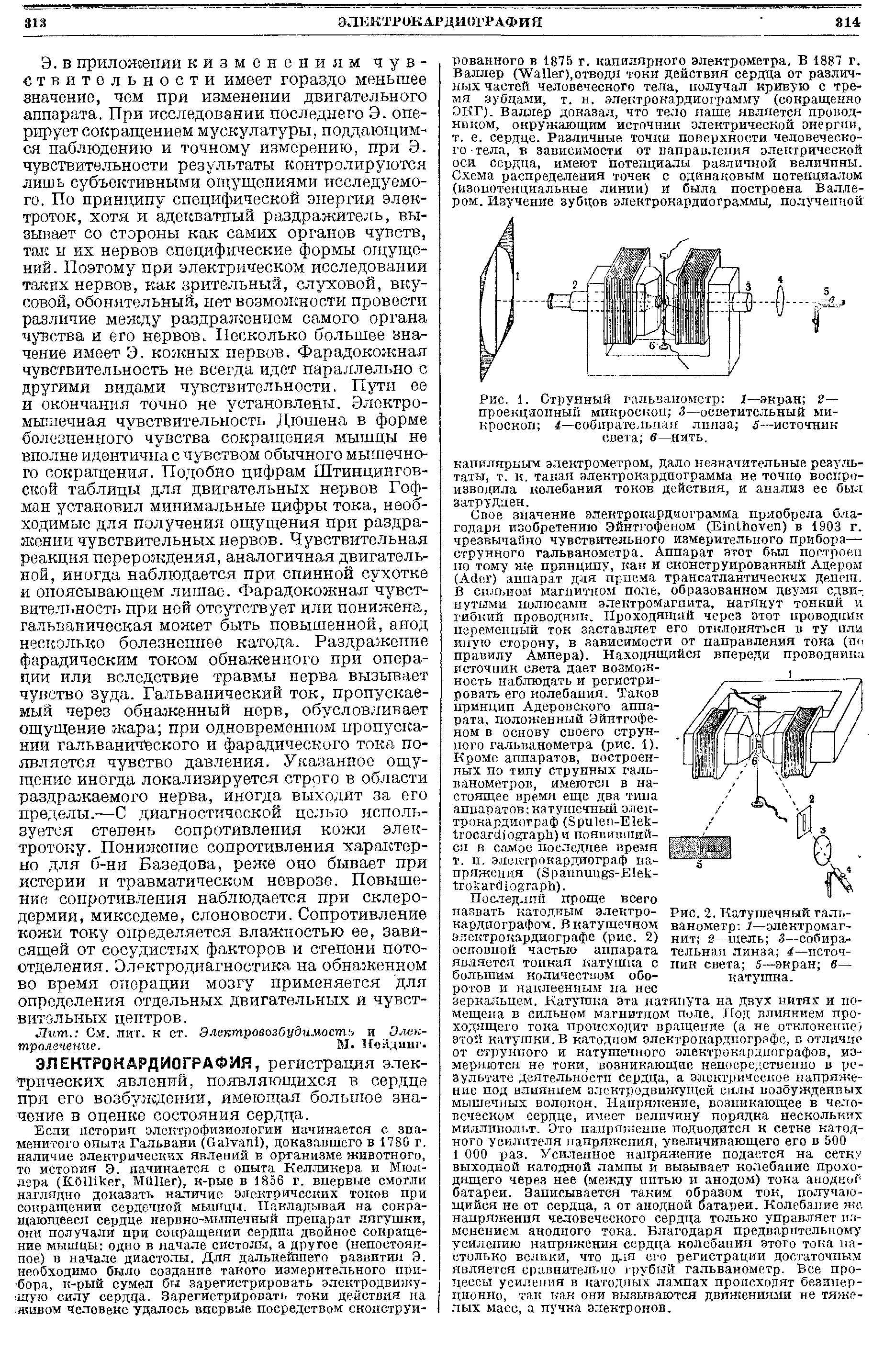 Рис. 1. Струнный гальванометр 1—экран 2— проекционный микроскоп 3—осветительный микроскоп 4—собирательная линза 5—источник света 6нить.