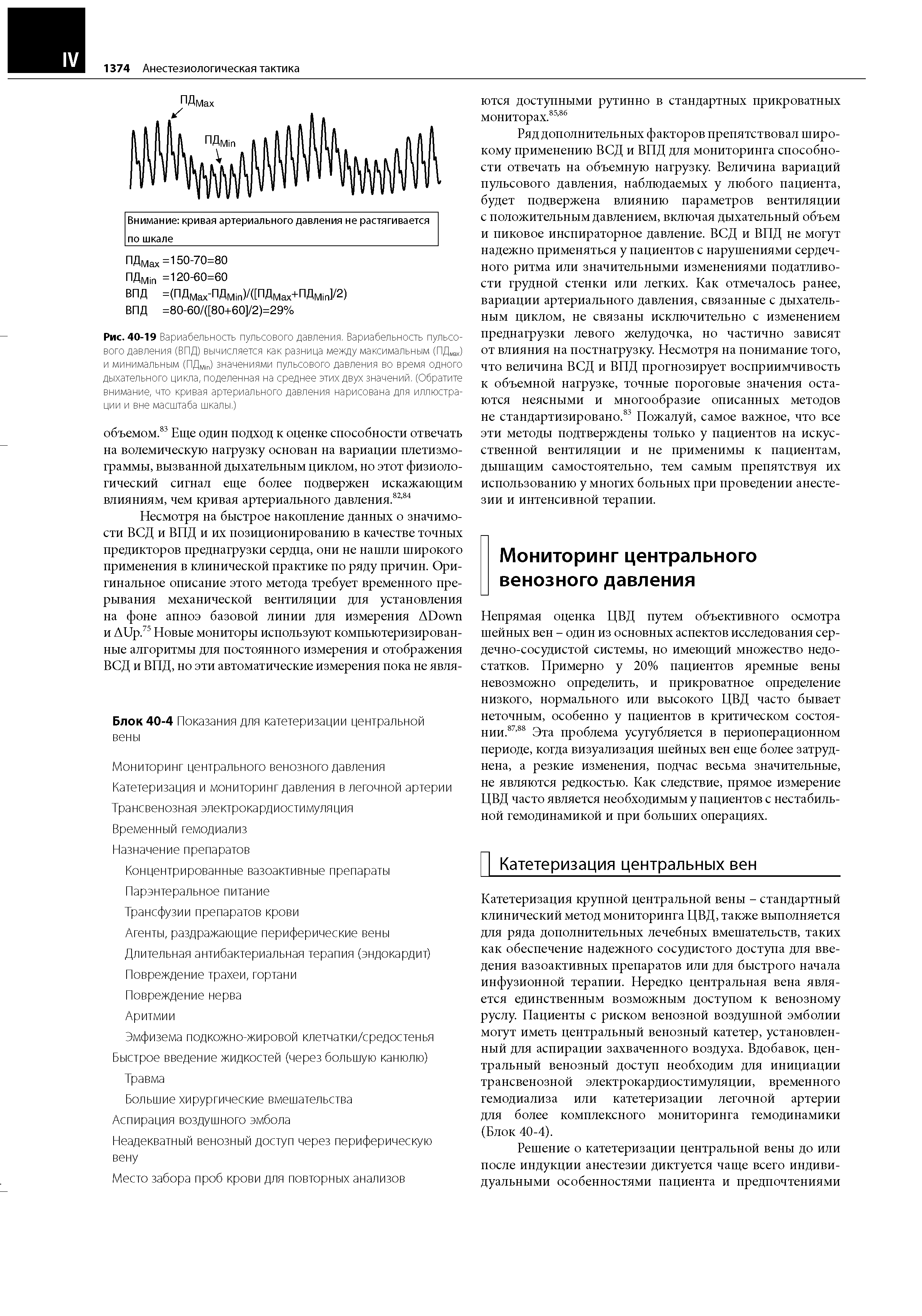 Рис. 40-19 Вариабельность пульсового давления. Вариабельность пульсового давления (ВПД) вычисляется как разница между максимальным (ПДЯ ) и минимальным (ПДМт) значениями пульсового давления во время одного дыхательного цикла, поделенная на среднее этих двух значений. (Обратите внимание, что кривая артериального давления нарисована для иллюстрации и вне масштаба шкалы.)...