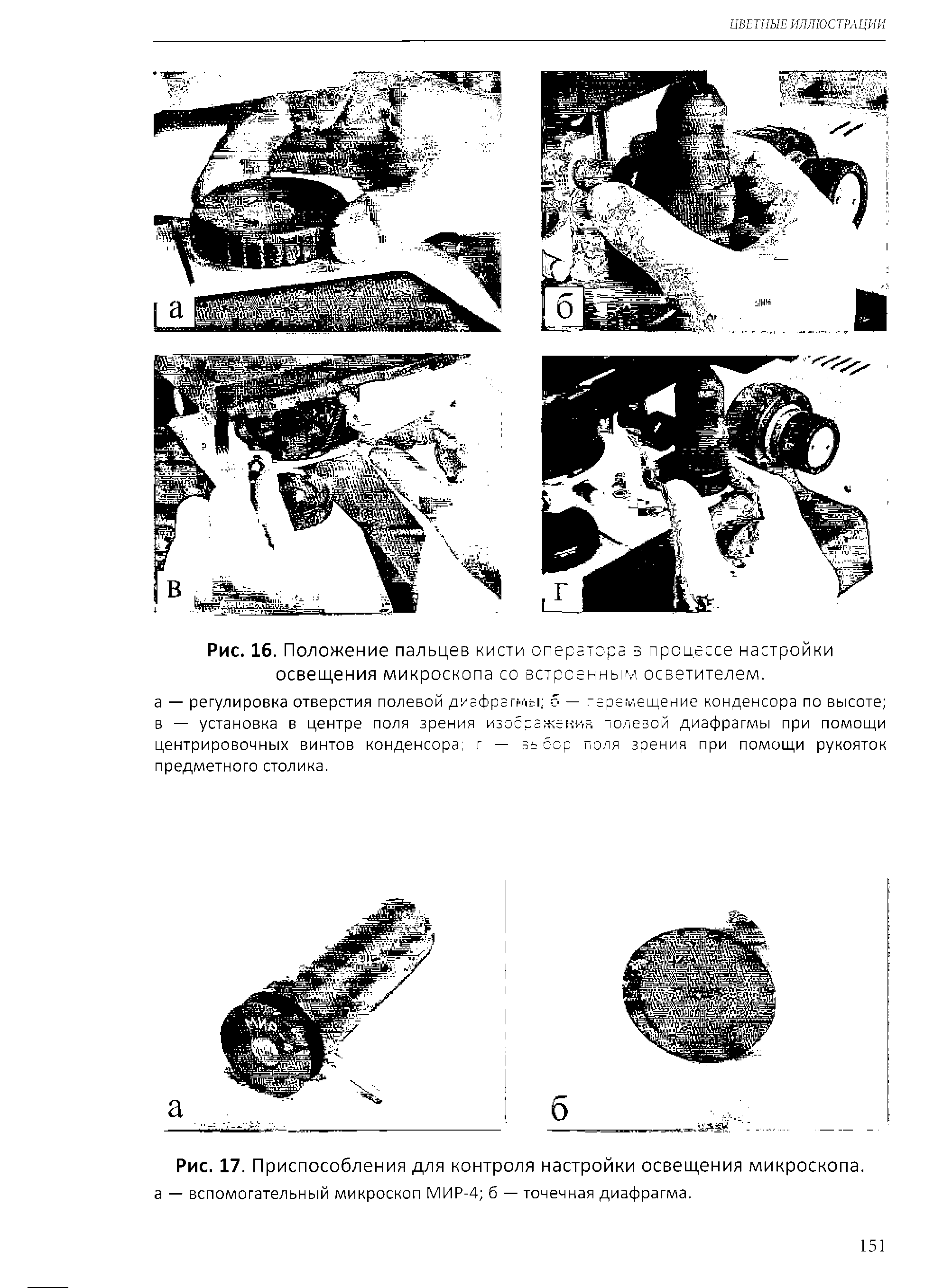 Рис. 17. Приспособления для контроля настройки освещения микроскопа, а — вспомогательный микроскоп МИР-4 б — точечная диафрагма.