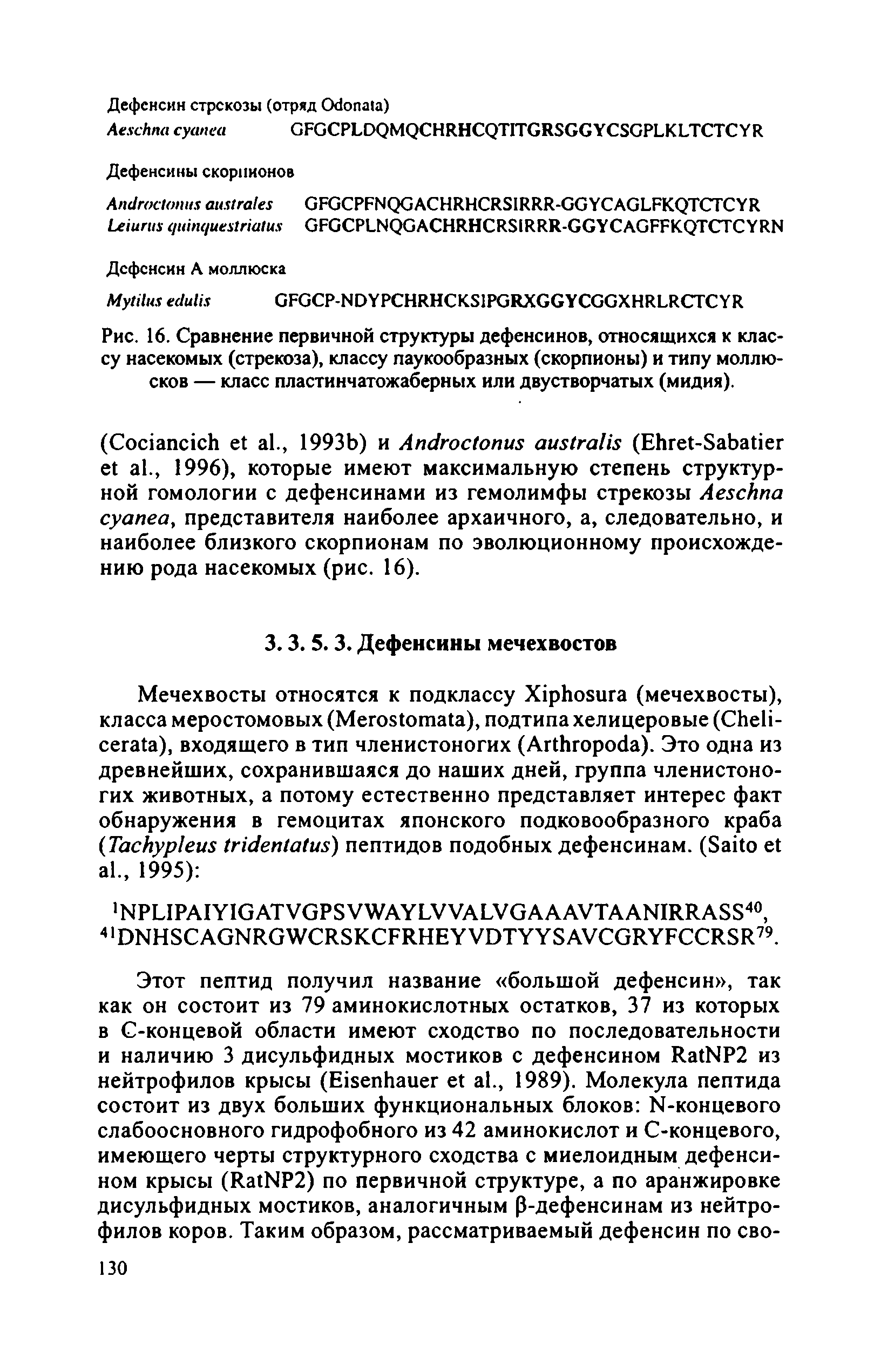 Рис. 16. Сравнение первичной структуры дефенсинов, относящихся к классу насекомых (стрекоза), классу паукообразных (скорпионы) и типу моллюсков — класс пластинчатожаберных или двустворчатых (мидия).