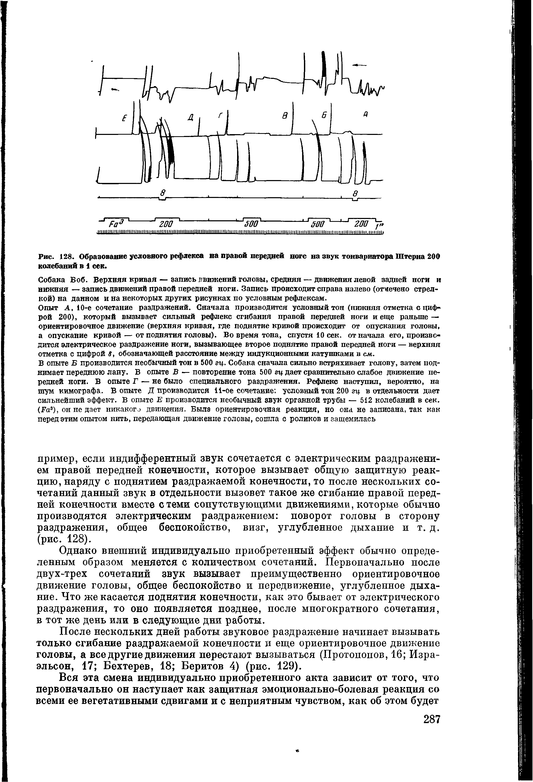 Рис. 128. Образование условного рефлекса на правой передней ноге на звук тоивариатора Штерна 200 колебаний в 1 сек.