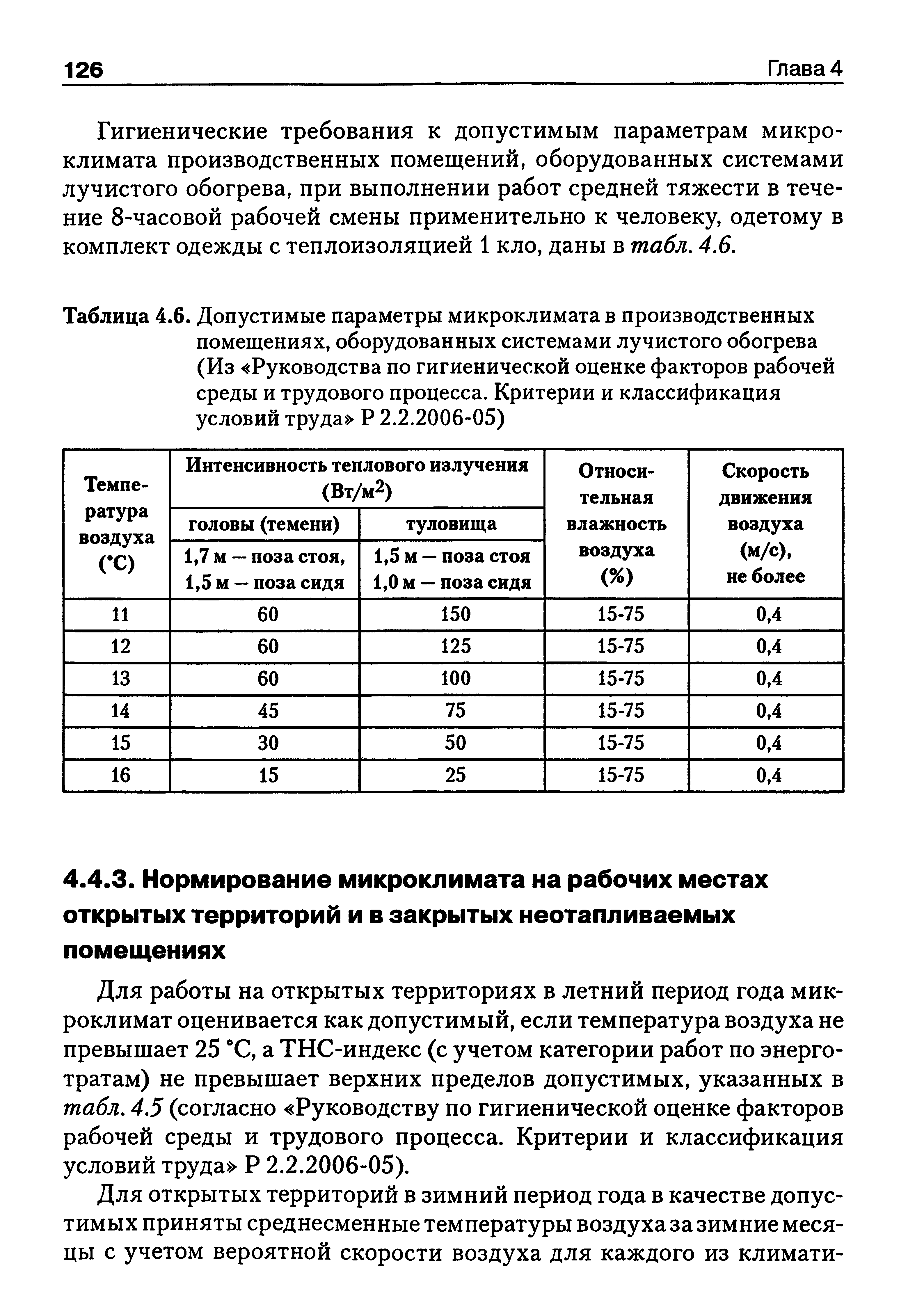 Таблица 4.6. Допустимые параметры микроклимата в производственных помещениях, оборудованных системами лучистого обогрева (Из Руководства по гигиенической оценке факторов рабочей среды и трудового процесса. Критерии и классификация условий труда Р 2.2.2006-05)...