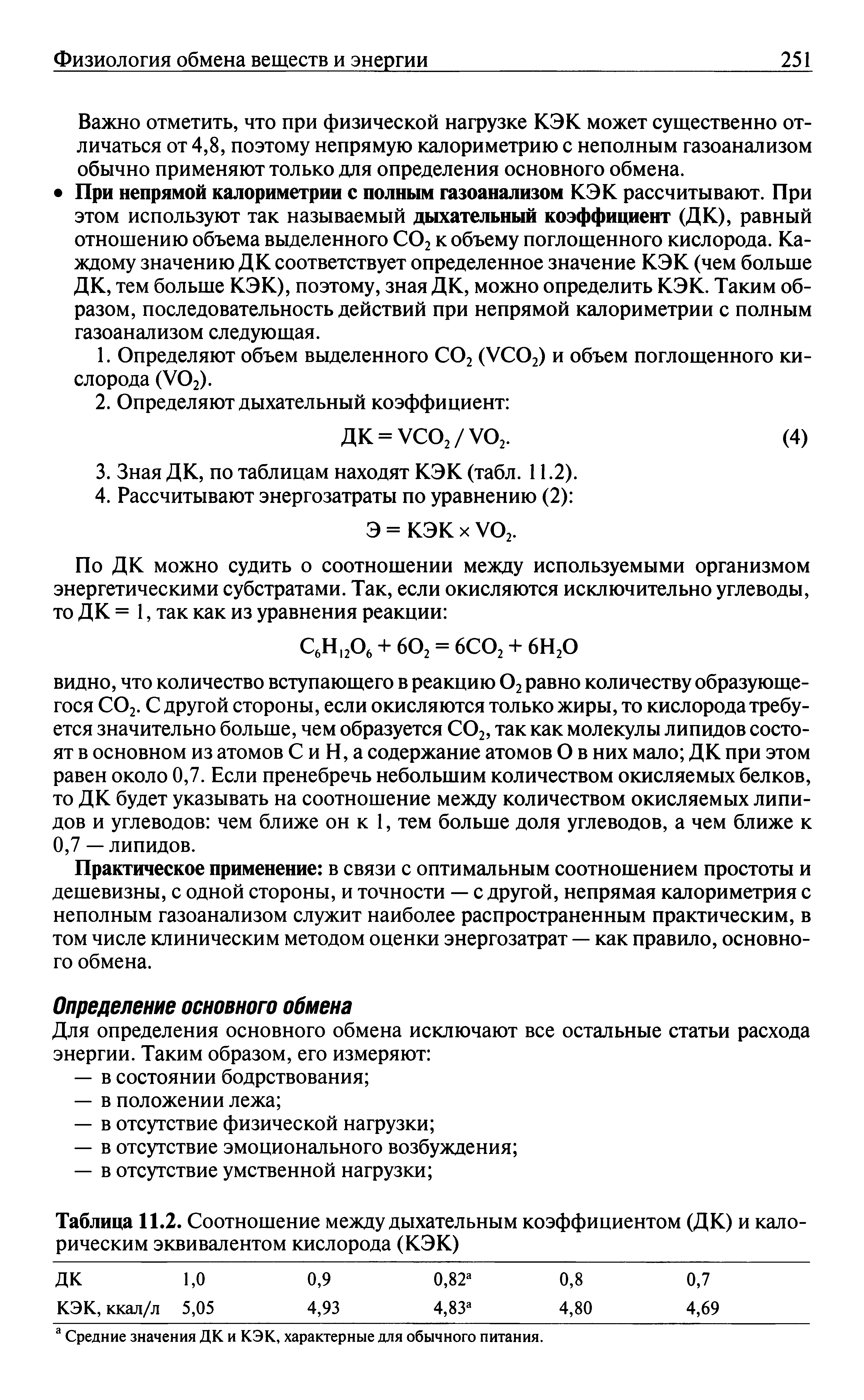 Таблица 11.2. Соотношение между дыхательным коэффициентом (ДК) и калорическим эквивалентом кислорода (КЭК)...