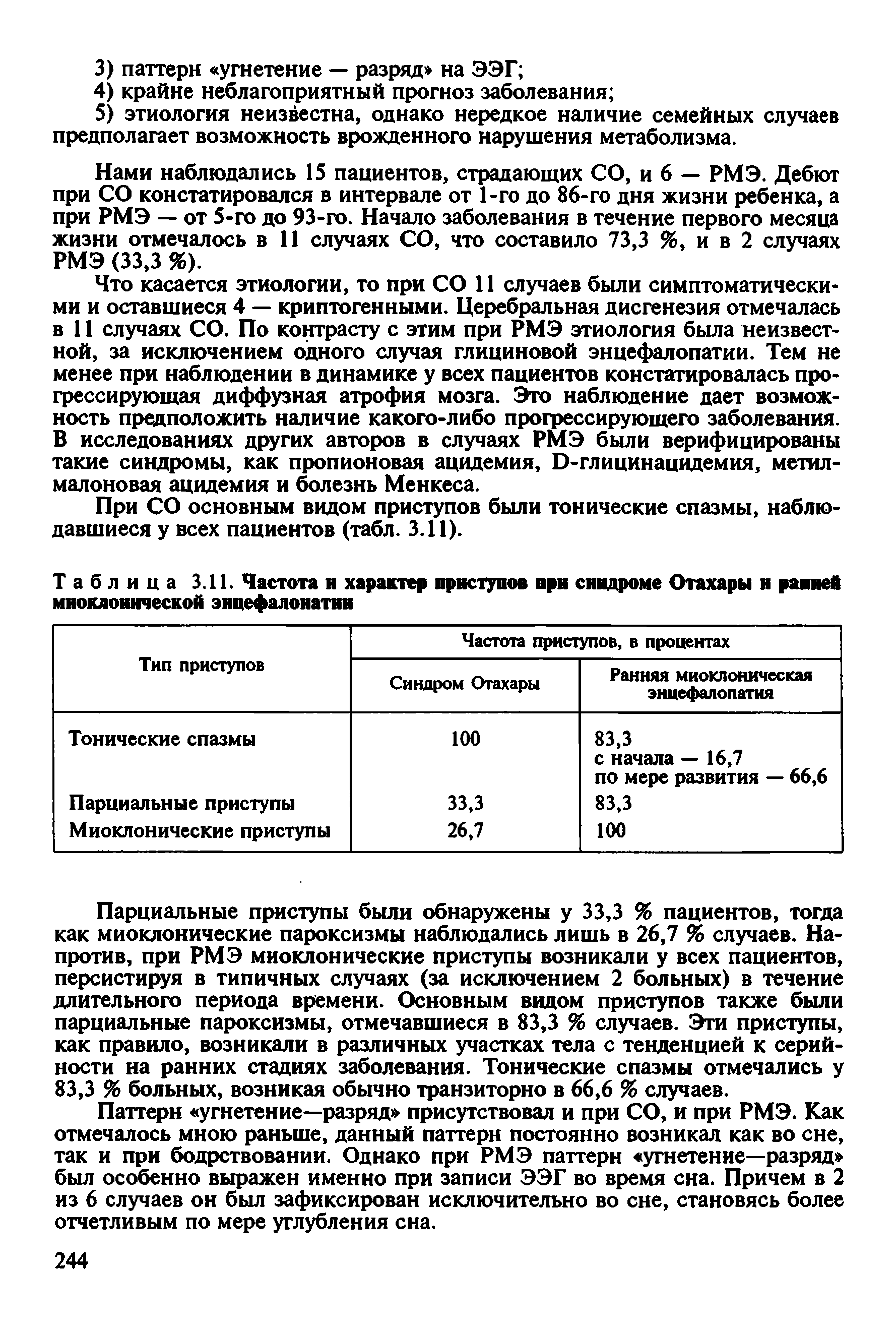 Таблица 3.11. Частота и характер приступов при синдроме Отахары и раине миоклонической эицефалоиатии...