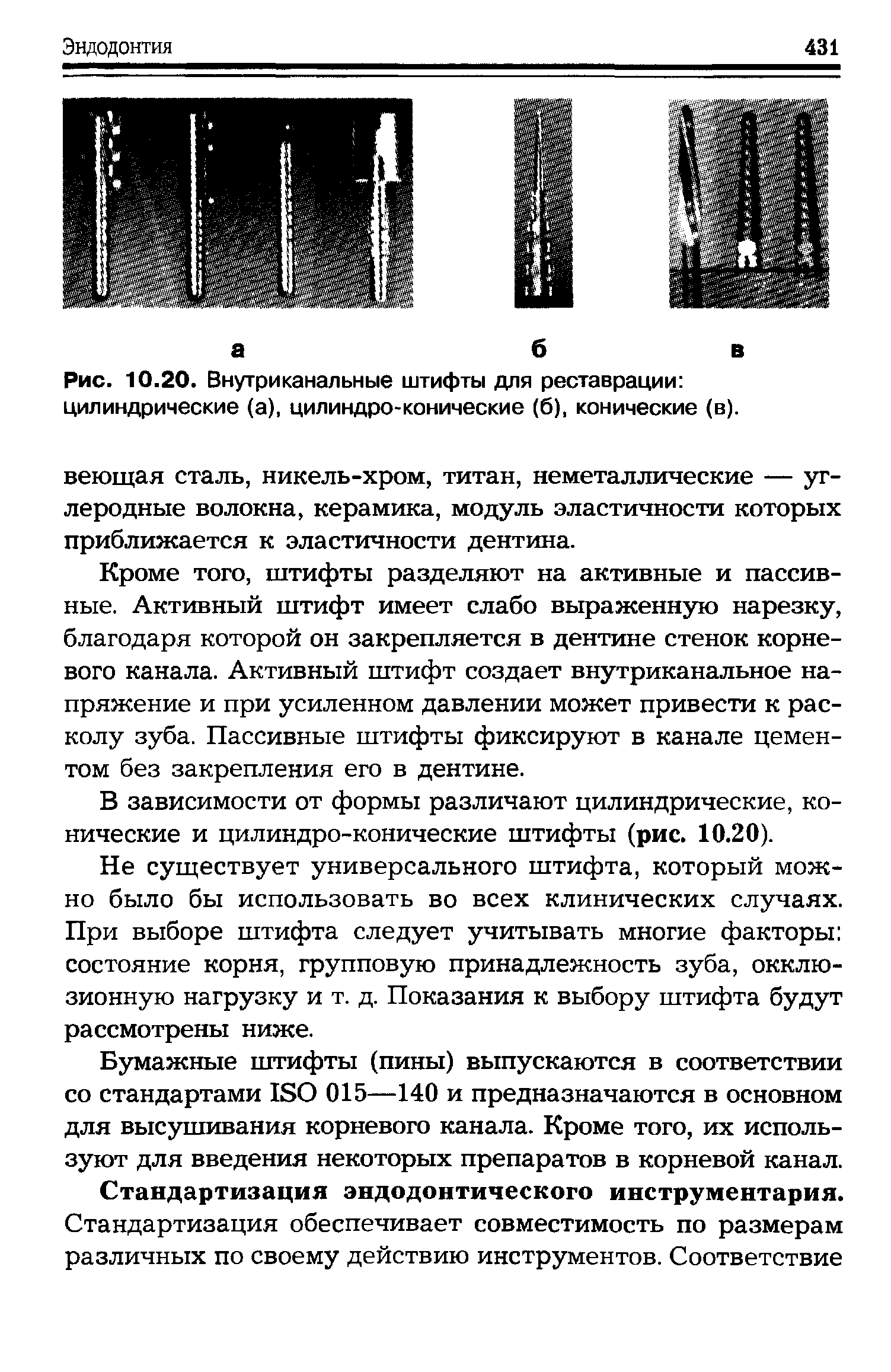 Рис. 10.20. Внутриканальные штифты для реставрации цилиндрические (а), цилиндро-конические (б), конические (в).