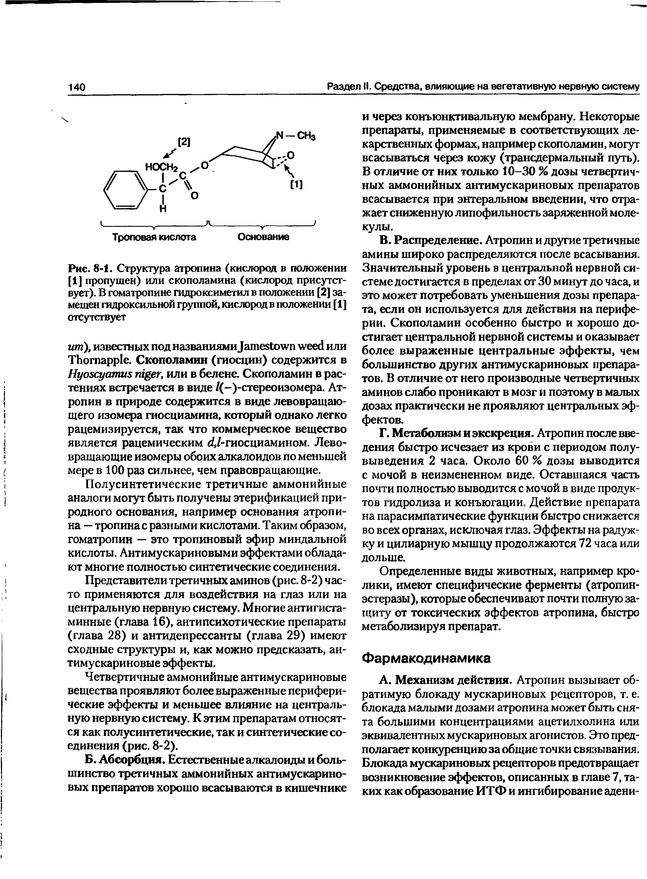 Рис. 8-1. Структура атропина (кислород в положении [1] пропущен) или скополамина (кислород присутствует). В гоматропине гидроксиметил в положении [2] замешен гидроксильной группой, кислород в положении [1] отсутствует...