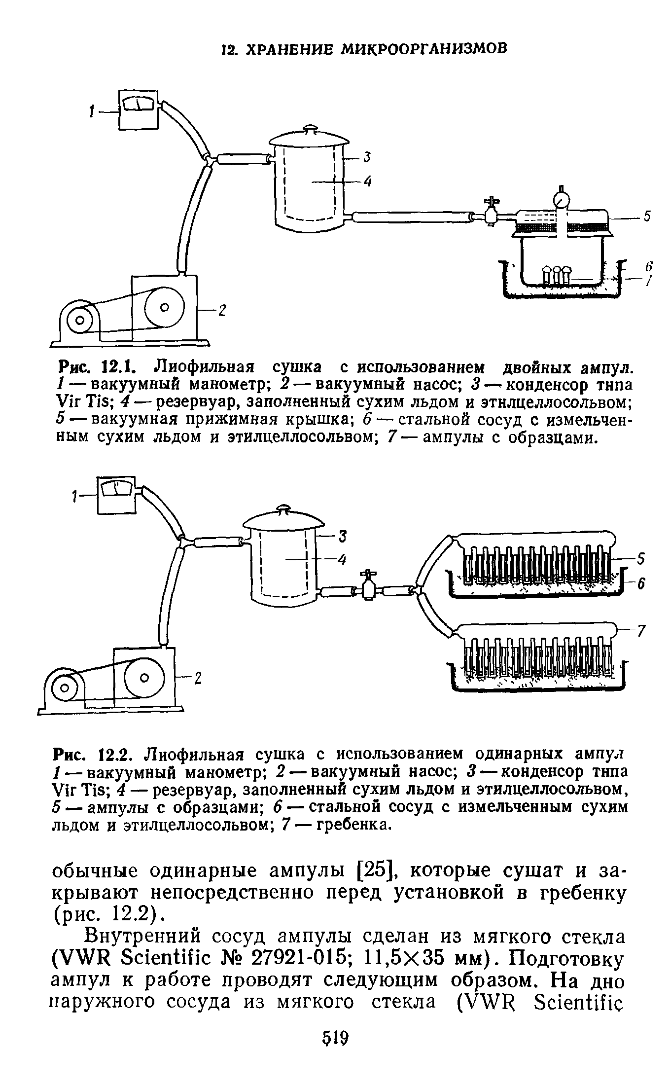 Рис. 12.2. Лиофильная сушка с использованием одинарных ампул 1 — вакуумный манометр 2 — вакуумный насос 3 — конденсор типа V T 4 — резервуар, заполненный сухим льдом и этилцеллосольвом, 5 — ампулы с образцами 6 — стальной сосуд с измельченным сухим льдом и этилцеллосольвом 7 — гребенка.