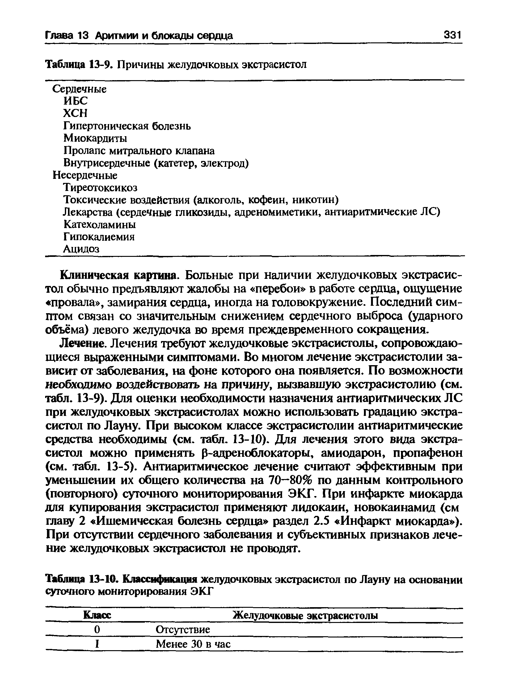 Таблица 13-10. Классификация желудочковых экстрасистол по Лауну на основании суточного мониторирования ЭКГ...