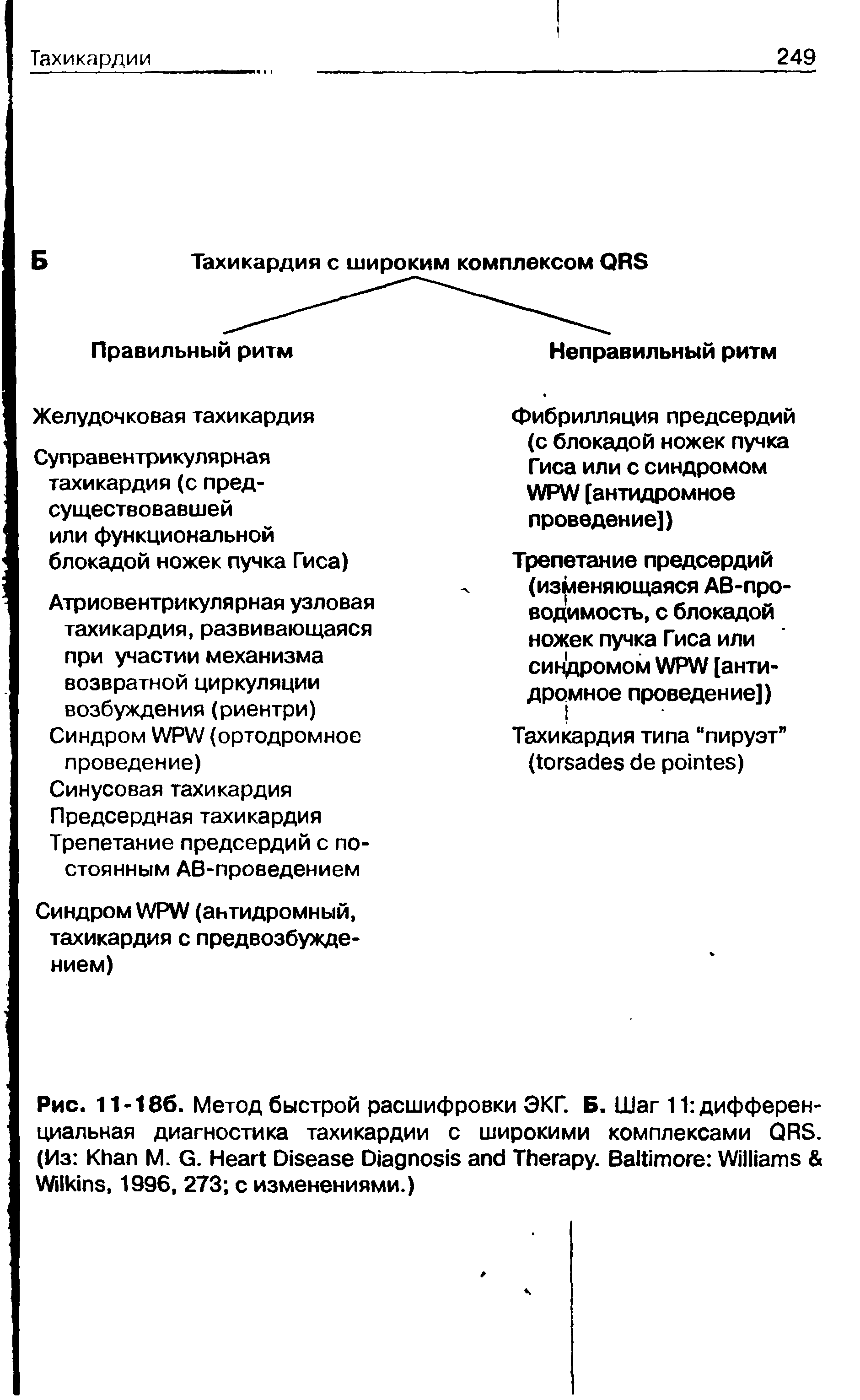 Рис. 11-186. Метод быстрой расшифровки ЭКГ. Б. Шаг 11 дифференциальная диагностика тахикардии с широкими комплексами QRS. (Из K М. G. H D D T . B W W , 1996, 273 с изменениями.)...