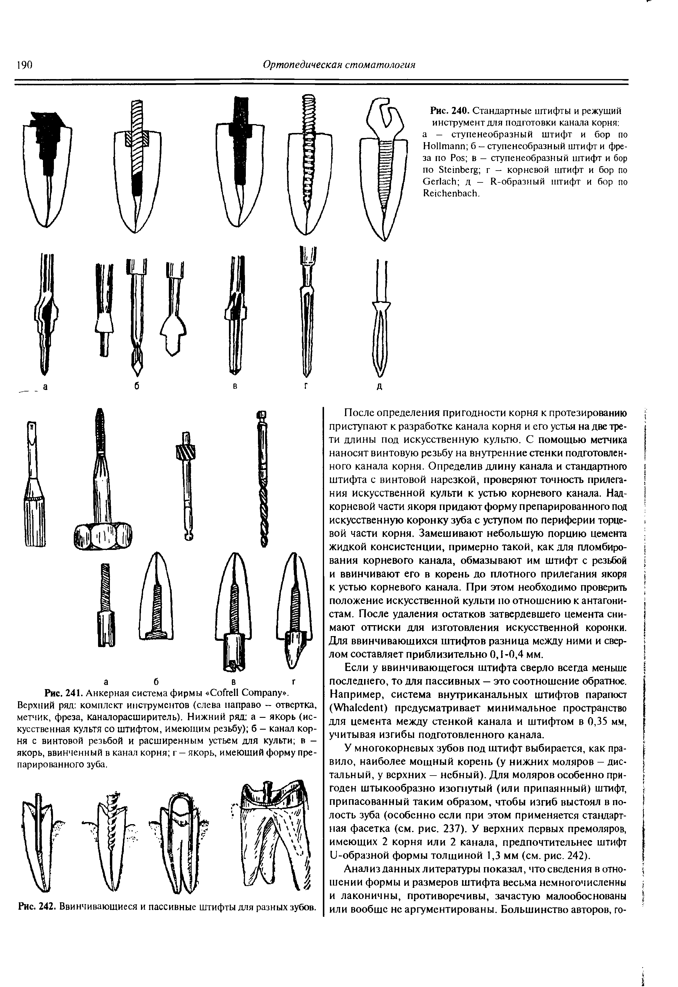 Рис. 240. Стандартные штифты и режущий инструмент для подготовки канала корня а - ступенеобразный штифт и бор по H б - ступенеобразный штифт и фреза по P в - ступенеобразный штифт и бор по S г - корневой штифт и бор по G д - R-образный штифт и бор по R .