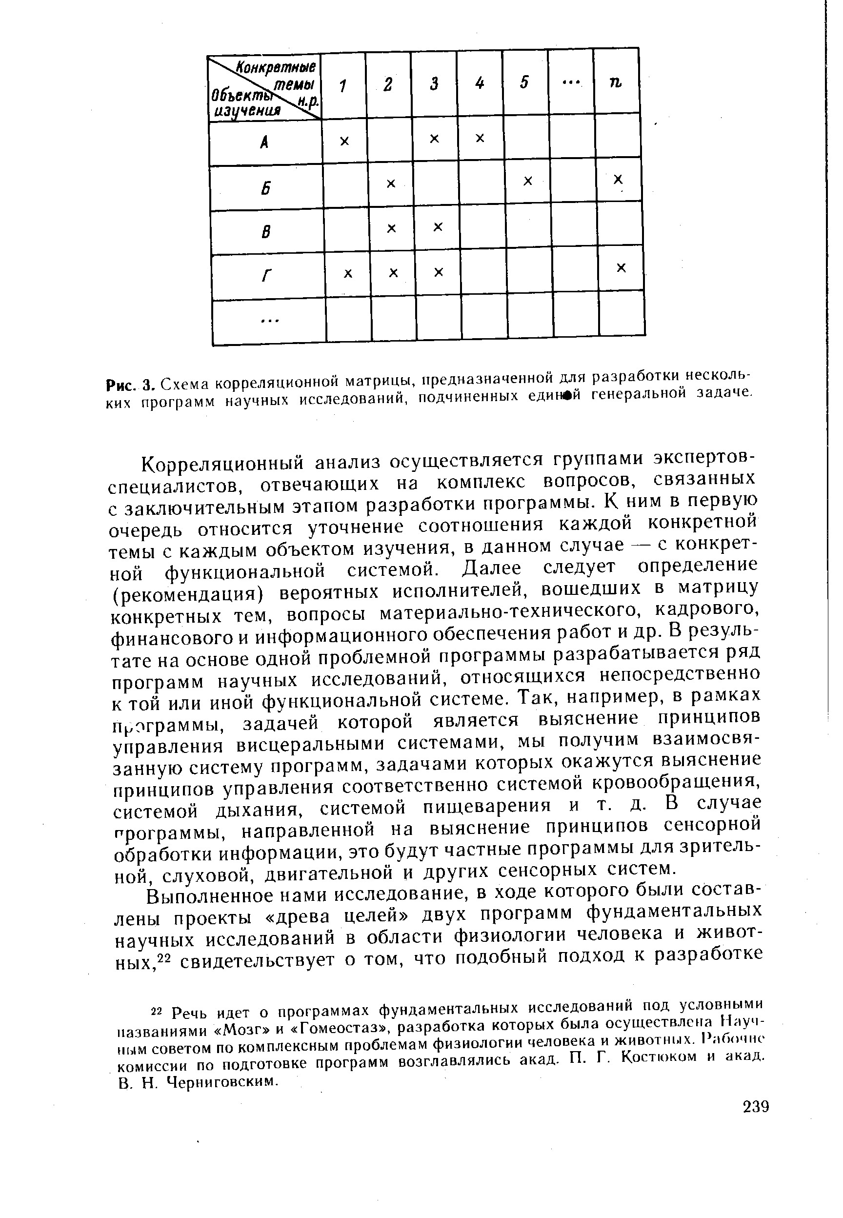 Рис. 3. Схема корреляционной матрицы, предназначенной для разработки нескольких программ научных исследований, подчиненных единвй генеральной задаче.