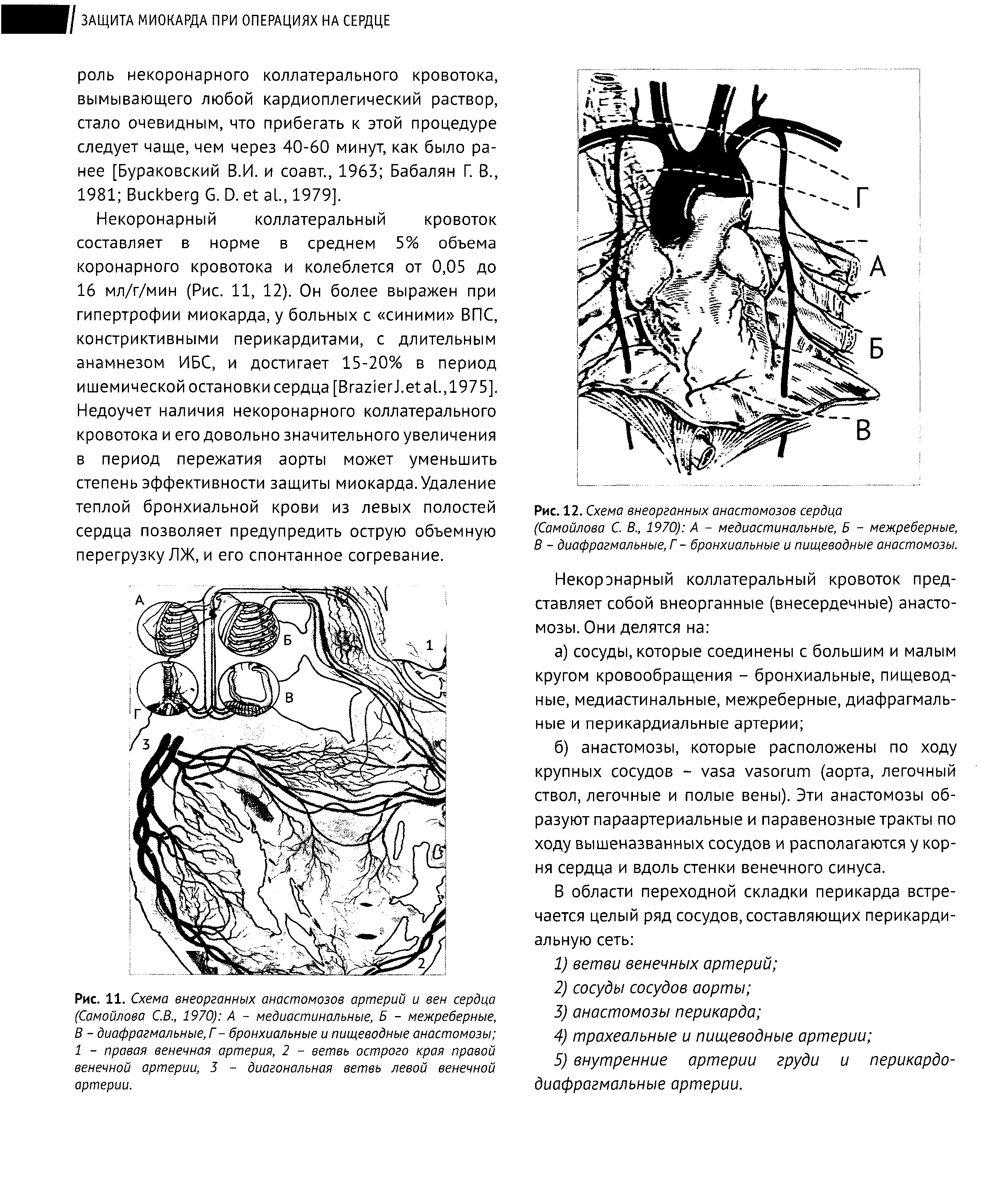 Рис. 11. Схема внеорганных анастомозов артерий и вен сердца (Самойлова С.В., 1970) А - медиастинальные, Б - межреберные, В - диафрагмальные, Г- бронхиальные и пищеводные анастомозы 1 - правая венечная артерия, 2 - ветвь острого края правой венечной артерии, 3 - диагональная ветвь левой венечной артерии.